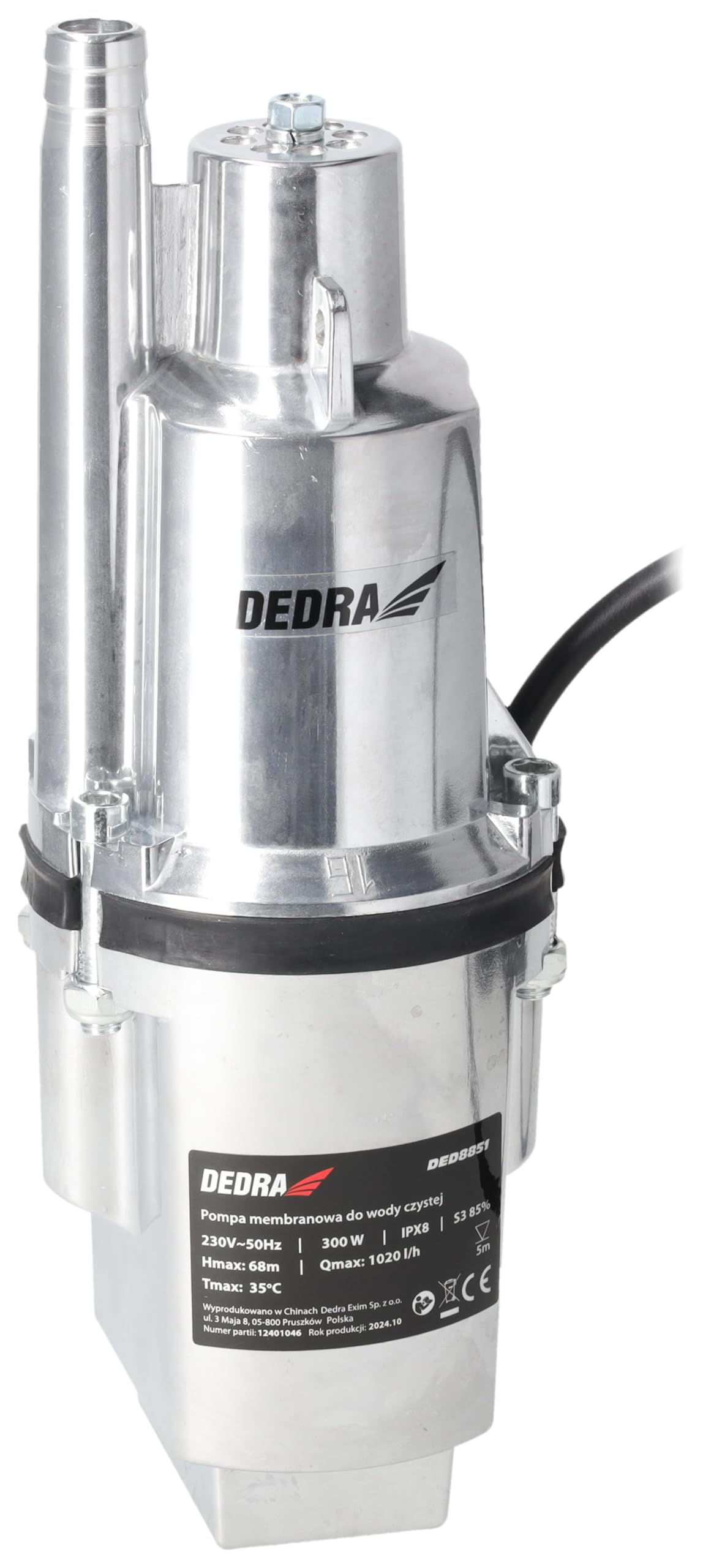 Dedra DED8851 – pompa membranowa zanurzeniowa 300 W, wydajność 1020 l/h, wysokość podnoszenia 68 m, przewód 10 m, do czystej wody, aluminiowa obudowa – komplet