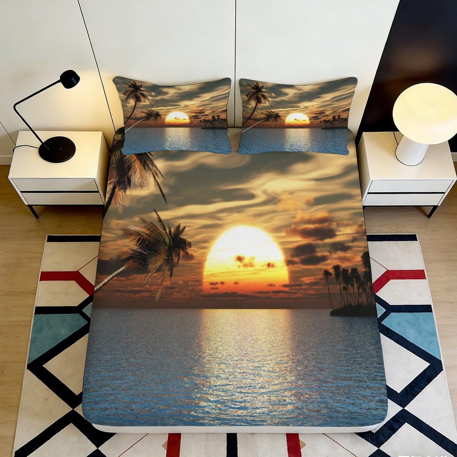 3D Printed Sunset Beach Fitted Sheet Microfiber Soft Breathable Palm Island Mattress Cover for Bedroom Dorm Decor 120x200x25cm