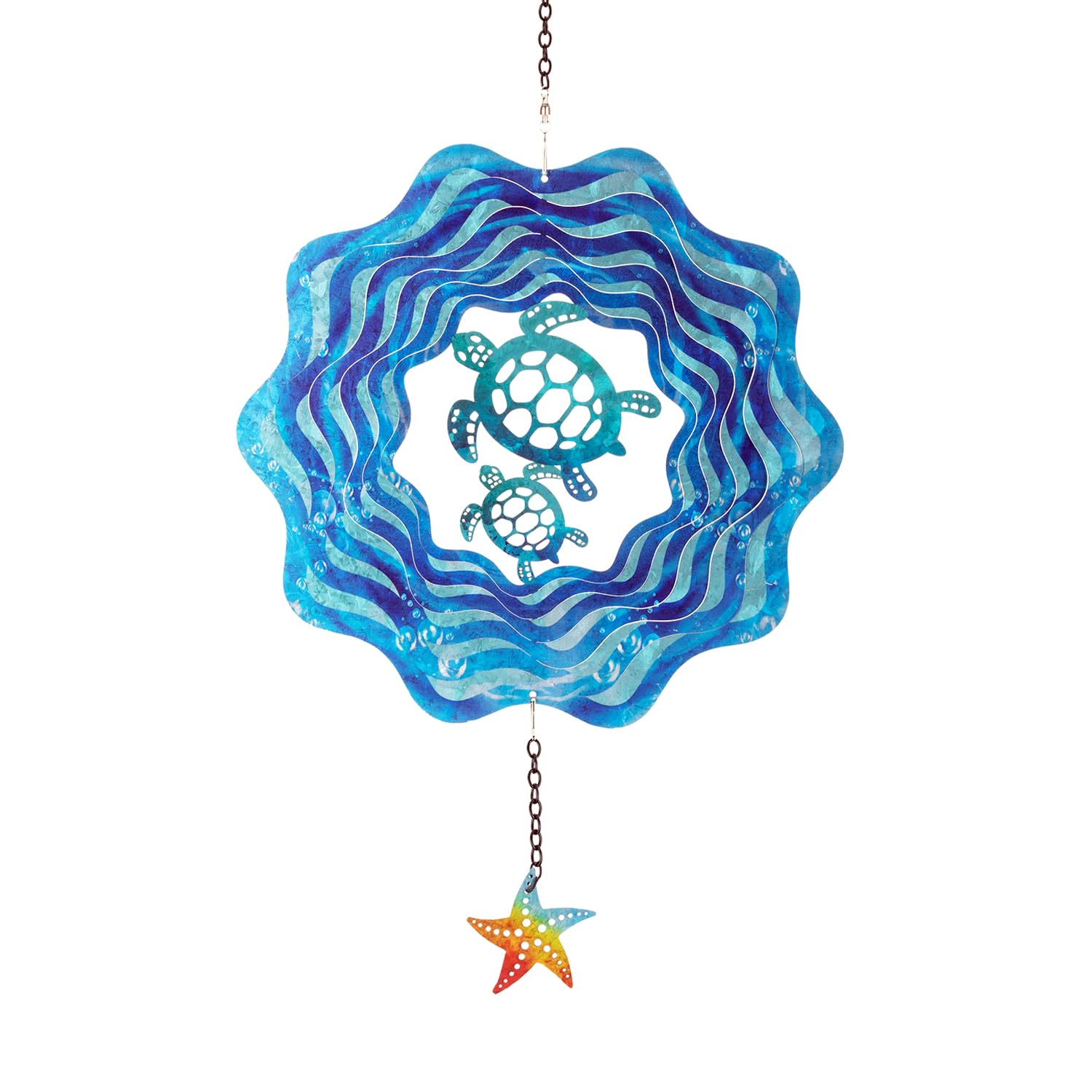 Sea Turtle Hanging Wind Spinners - 12 Inch 3D Kinetic Outdoor Large Metal Wind Spinner Blue Wave and Turtle Pattern with Starfish Pendant for Yard and Garden Decoration Laser Cut Sculpture Art