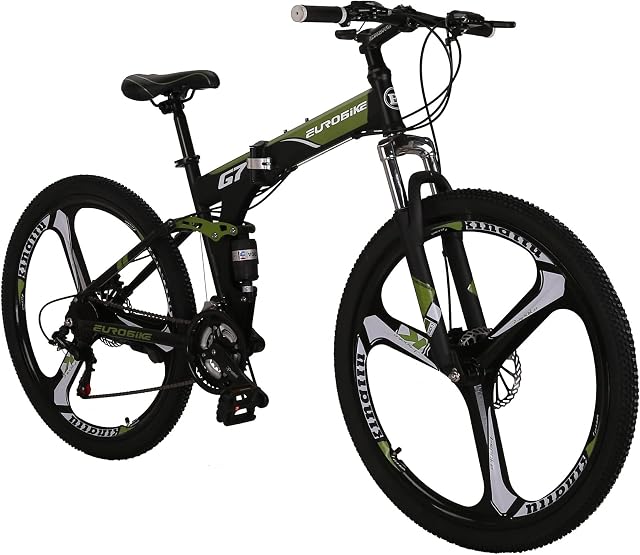 Eurobike G7 Folding Mountain Bike, 21 Speed Full Suspension Mountain Bike, 27.5 Inch Large Size Unisex Adult Folding Bicycle, Disc Brake Mountain Bicycle for Women
