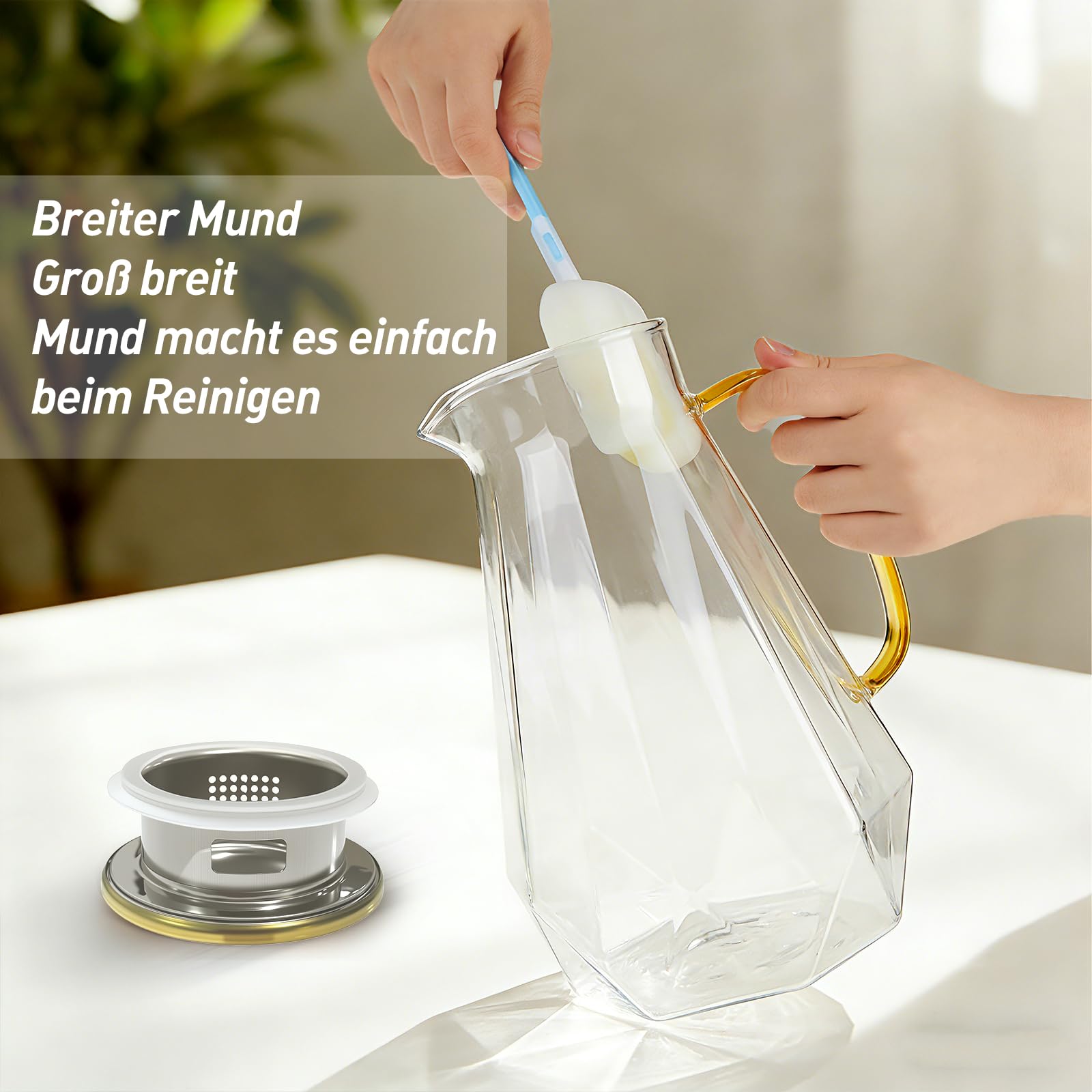 Caraffa in vetro da 2 litri, con manico e coperchio in acciaio inox dorato, brocca in vetro per acqua, succhi di frutta, latte, caffè, tè, lavabile in lavastoviglie