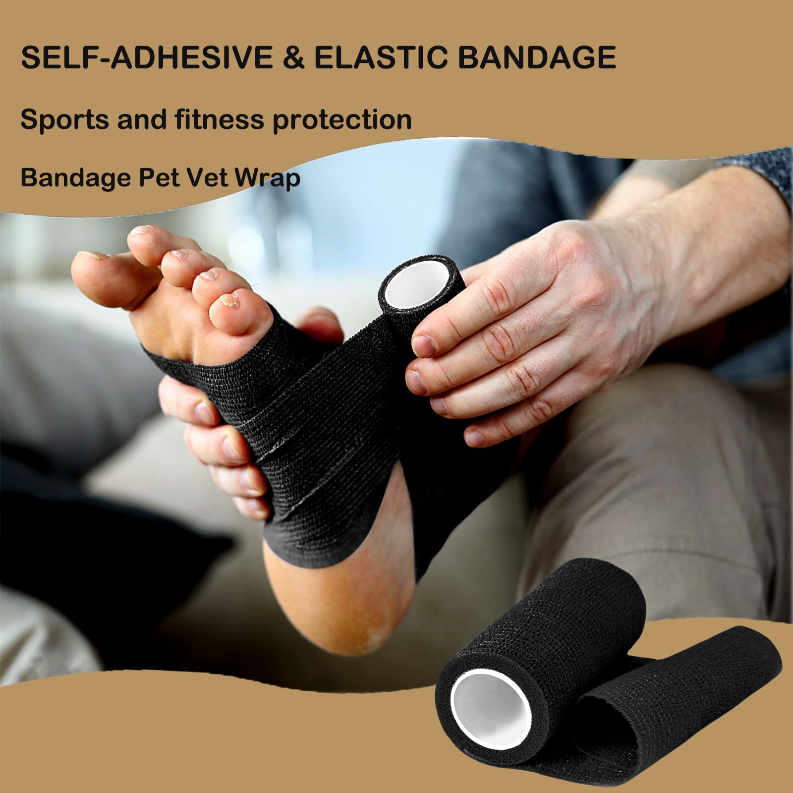 12 Rotoli Benda Elastica Autoadesiva, Traspirante Bendaggio Coesivo,Bendaggio per Animali Domestici Garza Autoadesiva Bende Motivo a Wrap Tape per Piedi,Braccia(Nero 10cm x 4.5m)