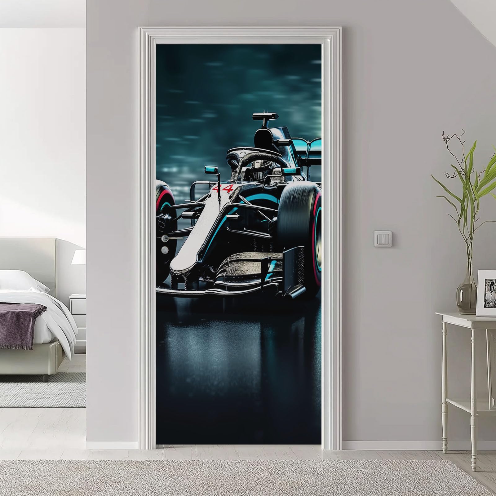 Nowoczesny styl naklejka plakat na drzwi, samoprzylepna naklejka ścienna wzór wyścigów samochodowych fotografia, ciemnoszare naklejki na drzwi z PCV do sypialni salonu kuchni, 95x215 cm