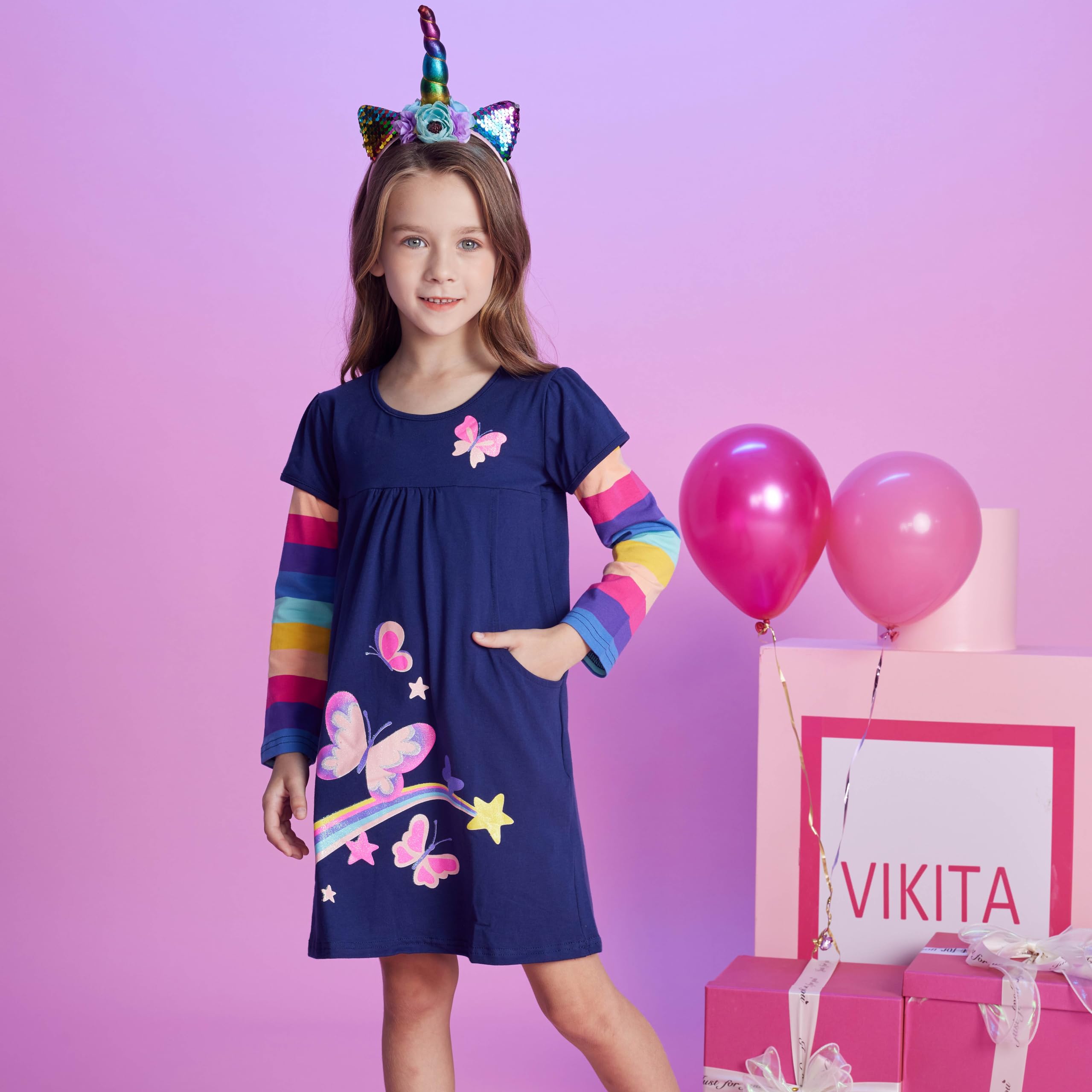 VIKITA Niñas Vestidos Algodón Animal Bordado Manga Larga Vestido para Niños — view 3