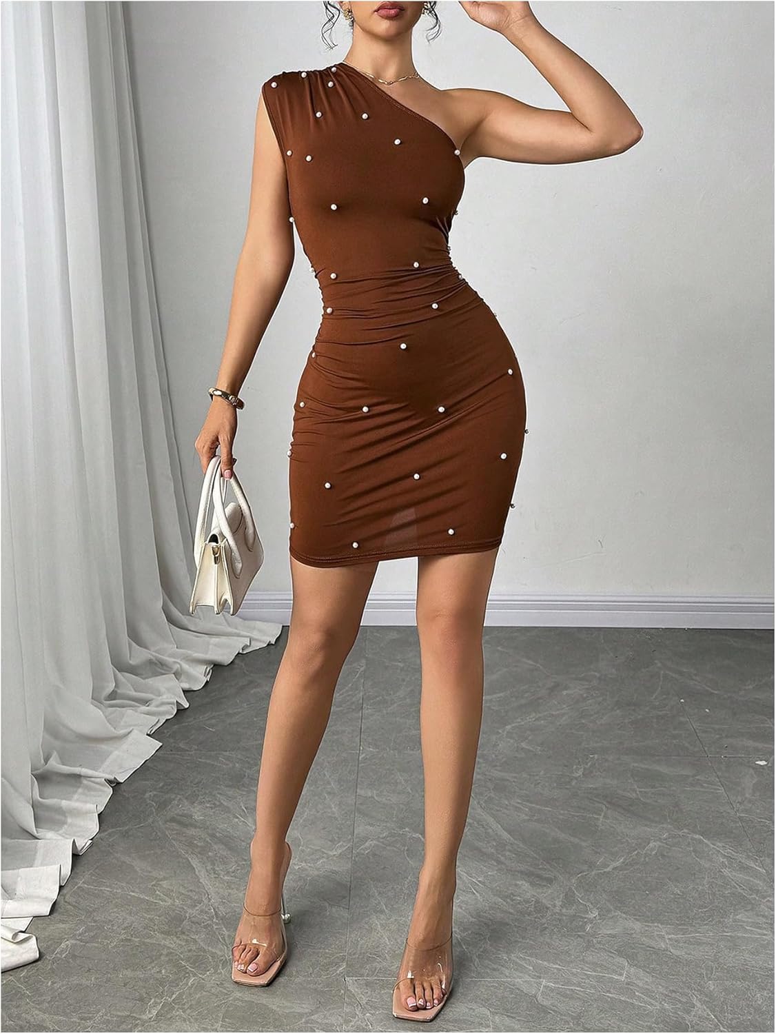 Floerns Women's One Shoulder Mini Dress Sleeveless Pearl Beaded Going Out Bodycon Dresses - Image 5