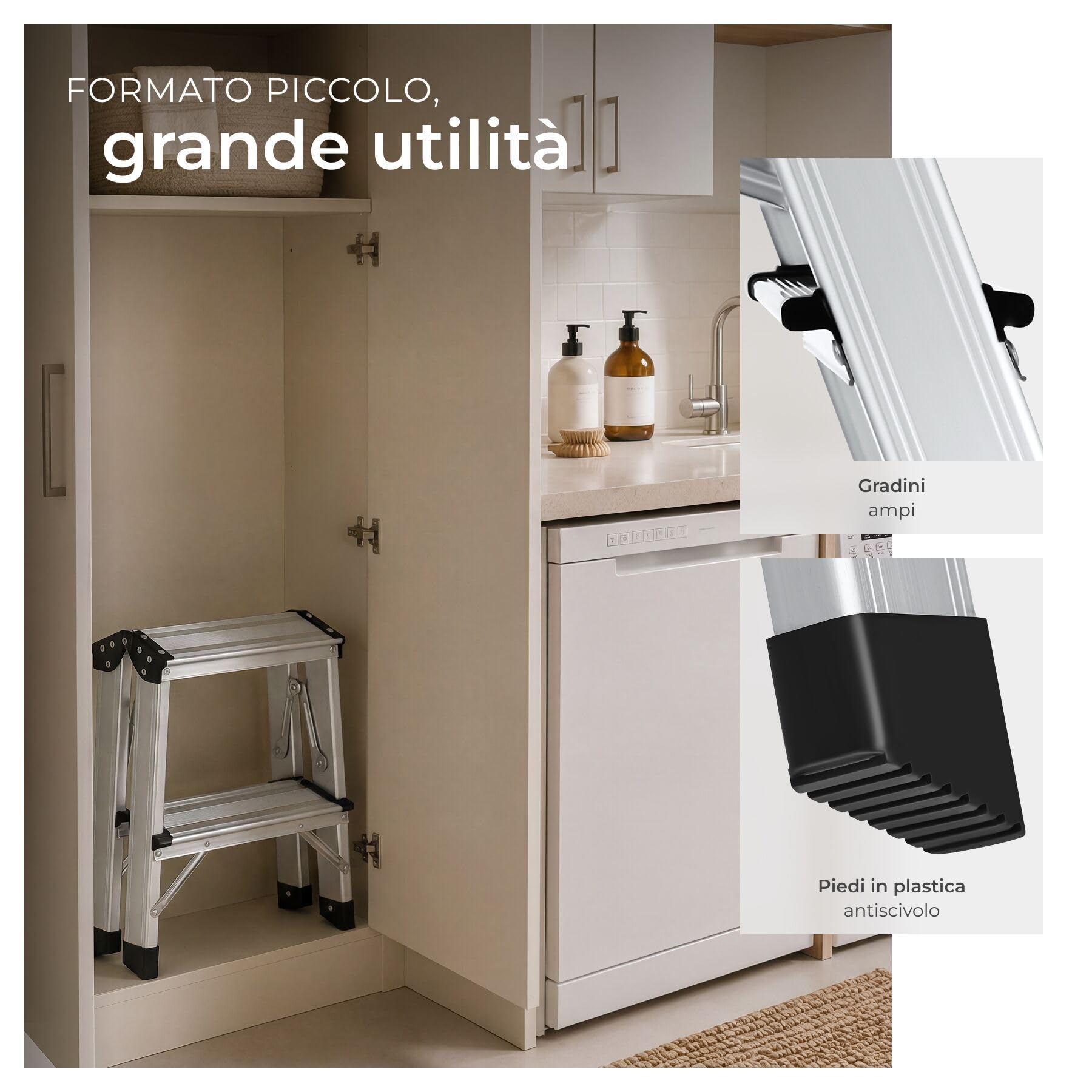 tectake® Scaletta Pieghevole in Alluminio Doppia, Scala 3 Gradini Antiscivolo, Scaletta Multiuso Salvaspazio con Doppia Salita, Scala per Casa Leggera, Piedini in Gomma, Antiscivolo, Portata 150 kg
