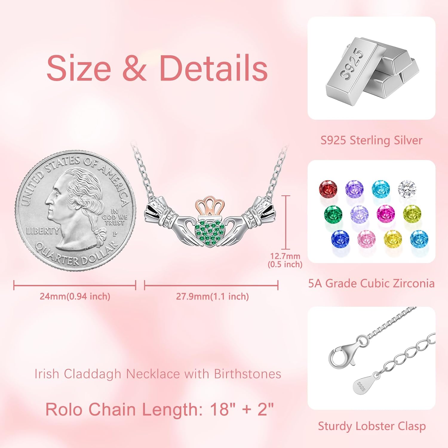 Irish Claddagh Necklace for Women: 925 Sterling Silver Heart Birthstone Necklaces Birthday Valentines Gifts for Her