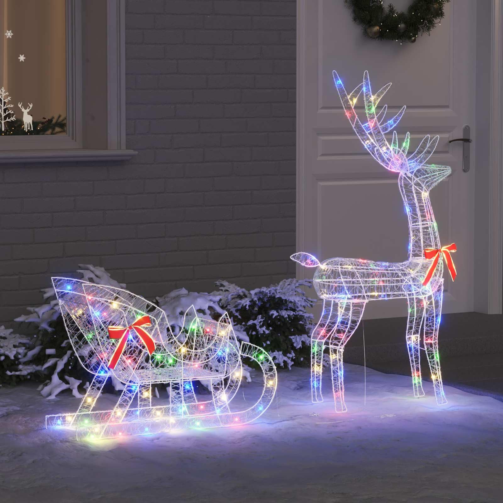 Trineo de reno con 200 luces LED multicolor de acrílico, 70 x 26 x 129 cm, decoración para árbol de Navidad con lazo rojo, para salón, Adviento y decoración festiva