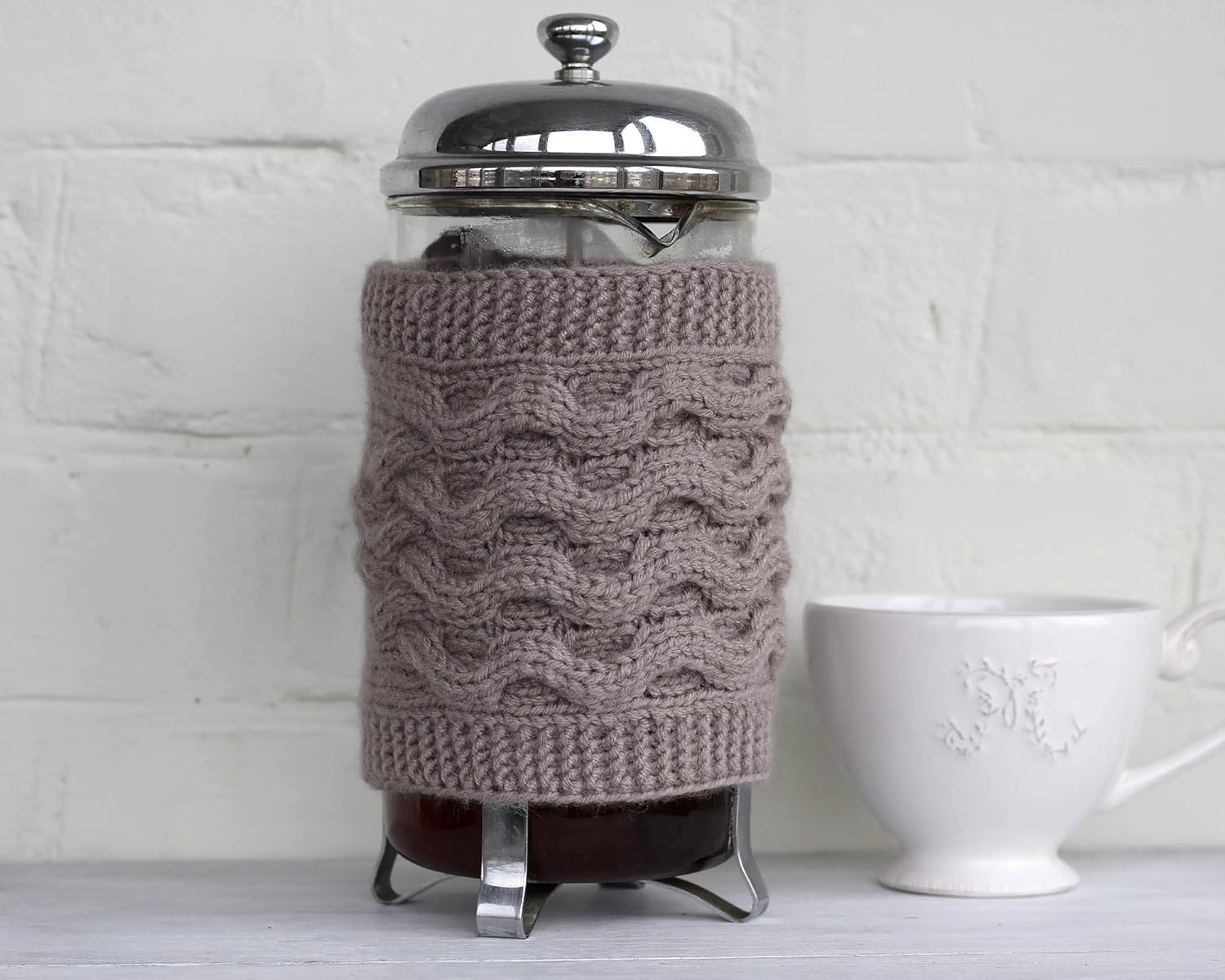 Hand Knit French Press Cozy Wool Warmer Cover Holiday Table Decor Tan Light Brown Tea Pot Housewarming Gift