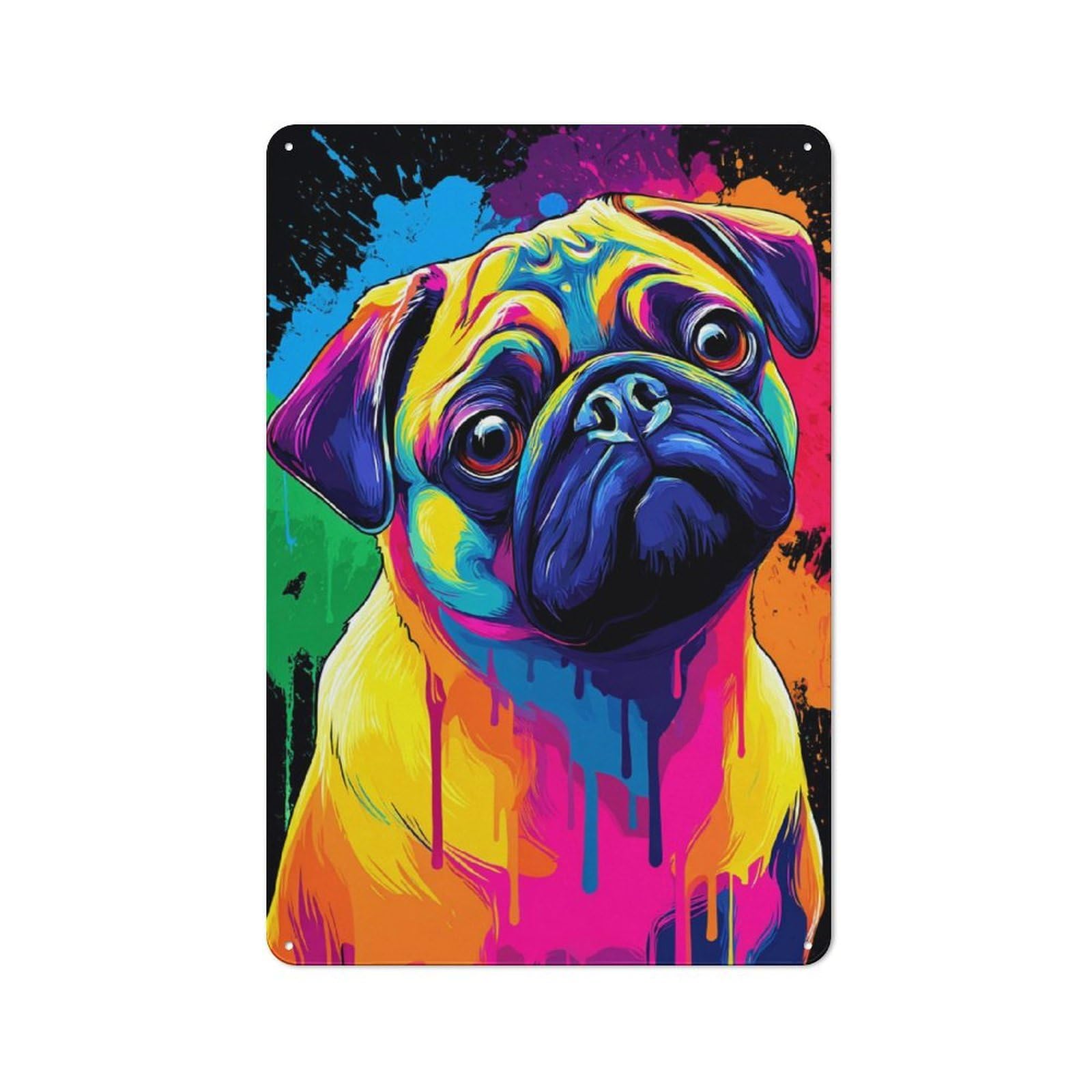 Junmoney Colorful Pug Portrait Warehouse Style Tin Wall Sign 30X20cm Featuring Loft Wall Plaque For Loft, Studio, Office Or Creative Room
