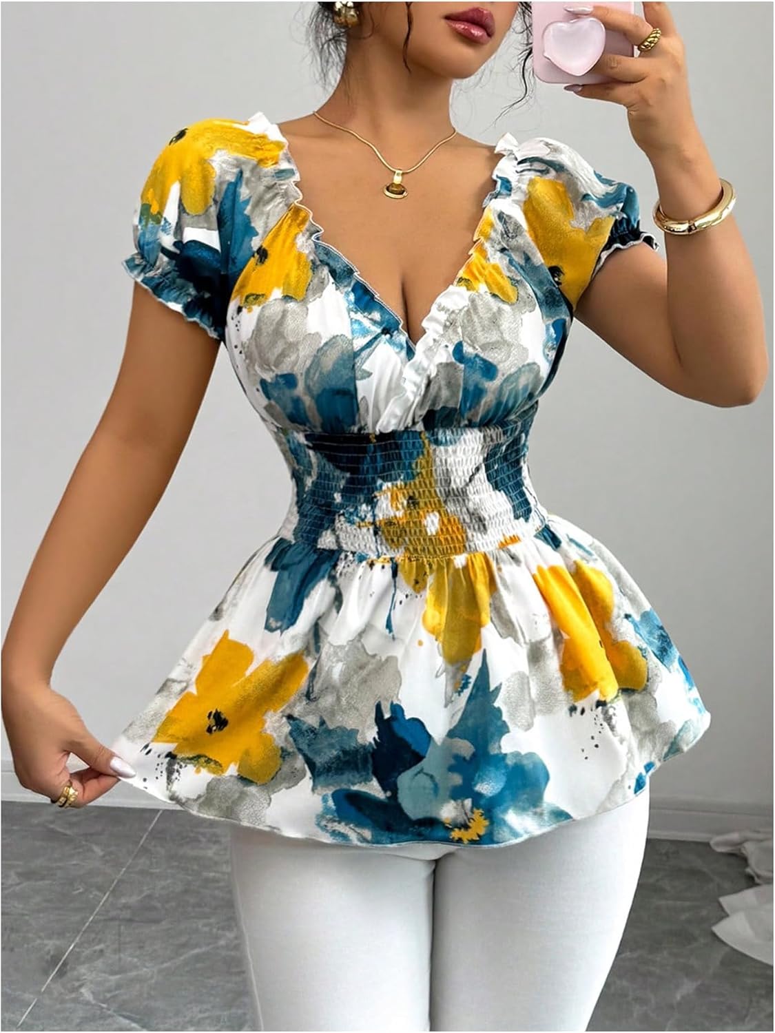 SHENHE Women's Floral Puff Sleeve Ruffle Hem Peplum Blouse Smocked Cinched Waist V Neck Top - Image 4