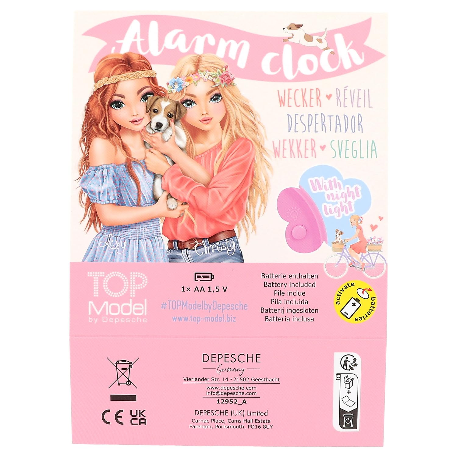 Depesche 12953 TOPModel Kitty Dog - Wecker in Rosa für Kinder, mit Öhrchen und mit Model-Motiv, lautlose Uhr mit Licht-Funktion, inklusive Batterie