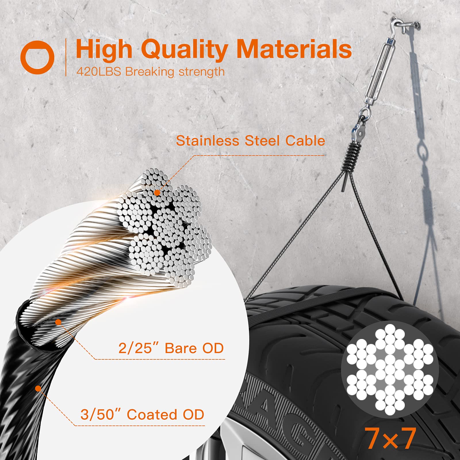 addlon 164 FT Nylon Coated Stainless Steel Cable Hanging Kit for Outdoor String Lights