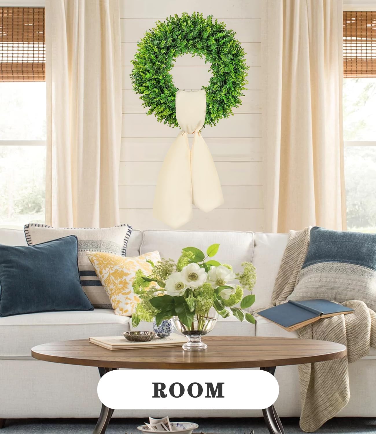 PLANT'D 24inch Boxwood Wreaths for Front Door All Seasons Artificial Preserved UV Resistant Green Winter Spring Summer Door Wreath for Outdoor Indoor Farmhouse Porch All Year Roun -with Sash