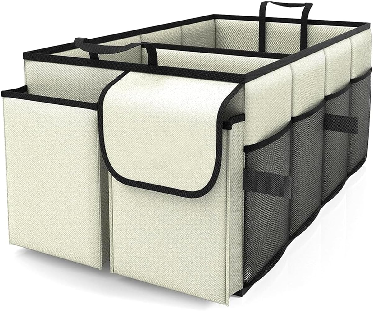 Car Trunk Organizer, Collapsible Car Organizer, Multi Compartment Car Organization for Car Accessories, Tools, Sundries, 22×13.4×11.4 inch, Storage for Auto Accessories for Women Men (Beige)
