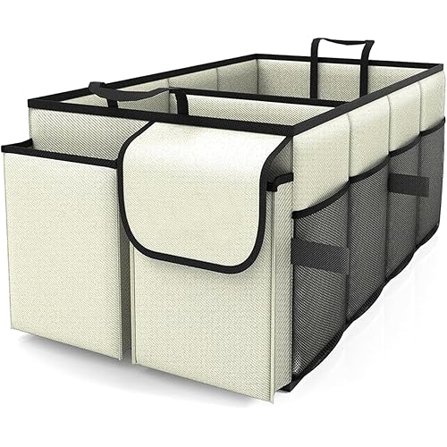 Car Trunk Organizer, Collapsible Car Organizer, Multi Compartment Car Organization for Car Accessories, Tools, Sundries, 22×13.4×11.4 inch, Storage for Auto Accessories for Women Men (Beige)