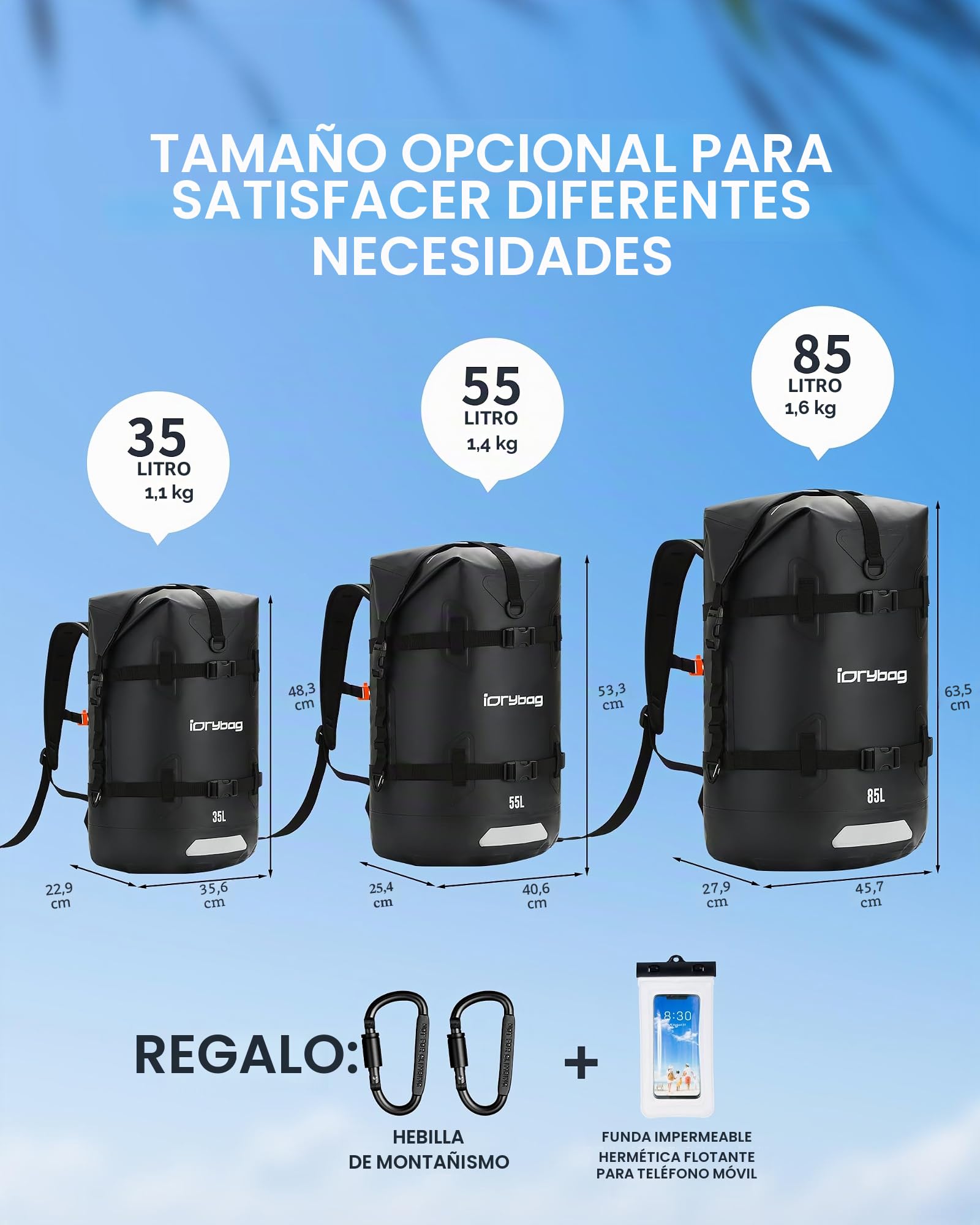 IDRYBAG Mochilas Secas Impermeables para Viaje, Bolsas Secas para Kayak, Bolsas Impermeables para Navegación, Natación, Flotación, Paddle Boarding y Mochila Submersible de 35L/55L/85L
