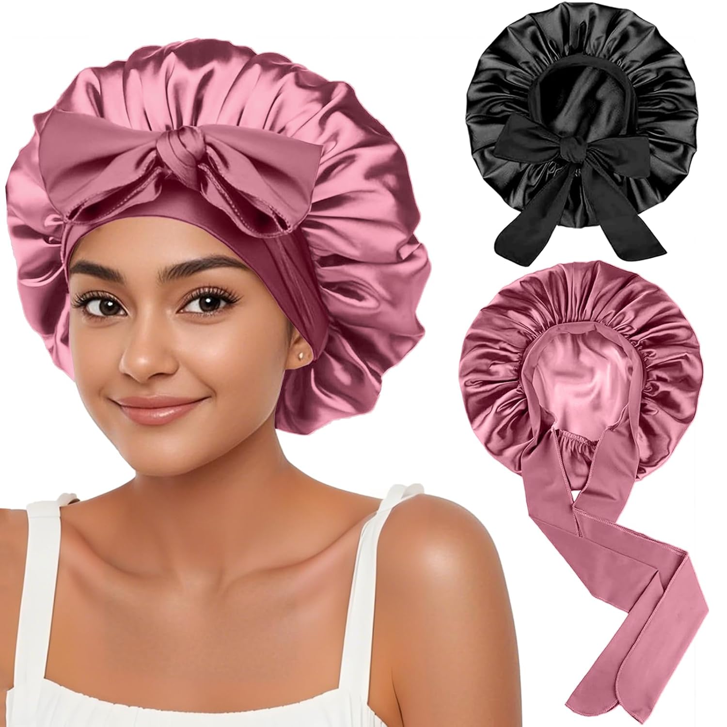 2Pcs Silk Hair Satin Bonnet for Sleeping Women,Large Satin Sleep Bonnets for Women with Elastic Tie Band Silk Hair Wrap with Ajustable Straps,Night Sleep Cap for Curly Braids,Black+Rose Gold - Image 9
