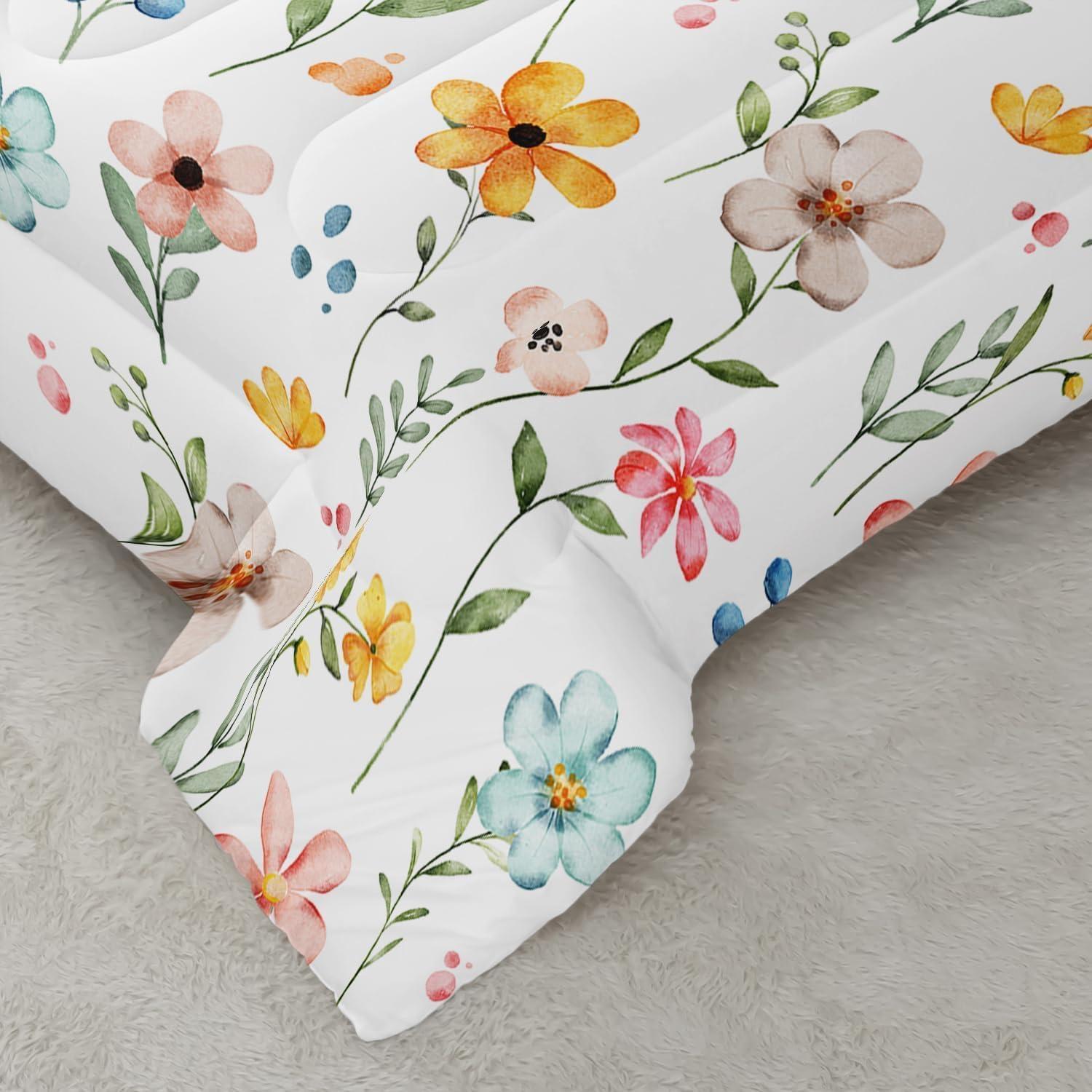 Nttopship Pink Yellow Floral Comforter Bedding Set King Size Flower Pattern Bedding Set for Your Room,Rectangle Abstract Soft Lightweight Quilt Set All Season 1 Comforter and 2 Pillowcases