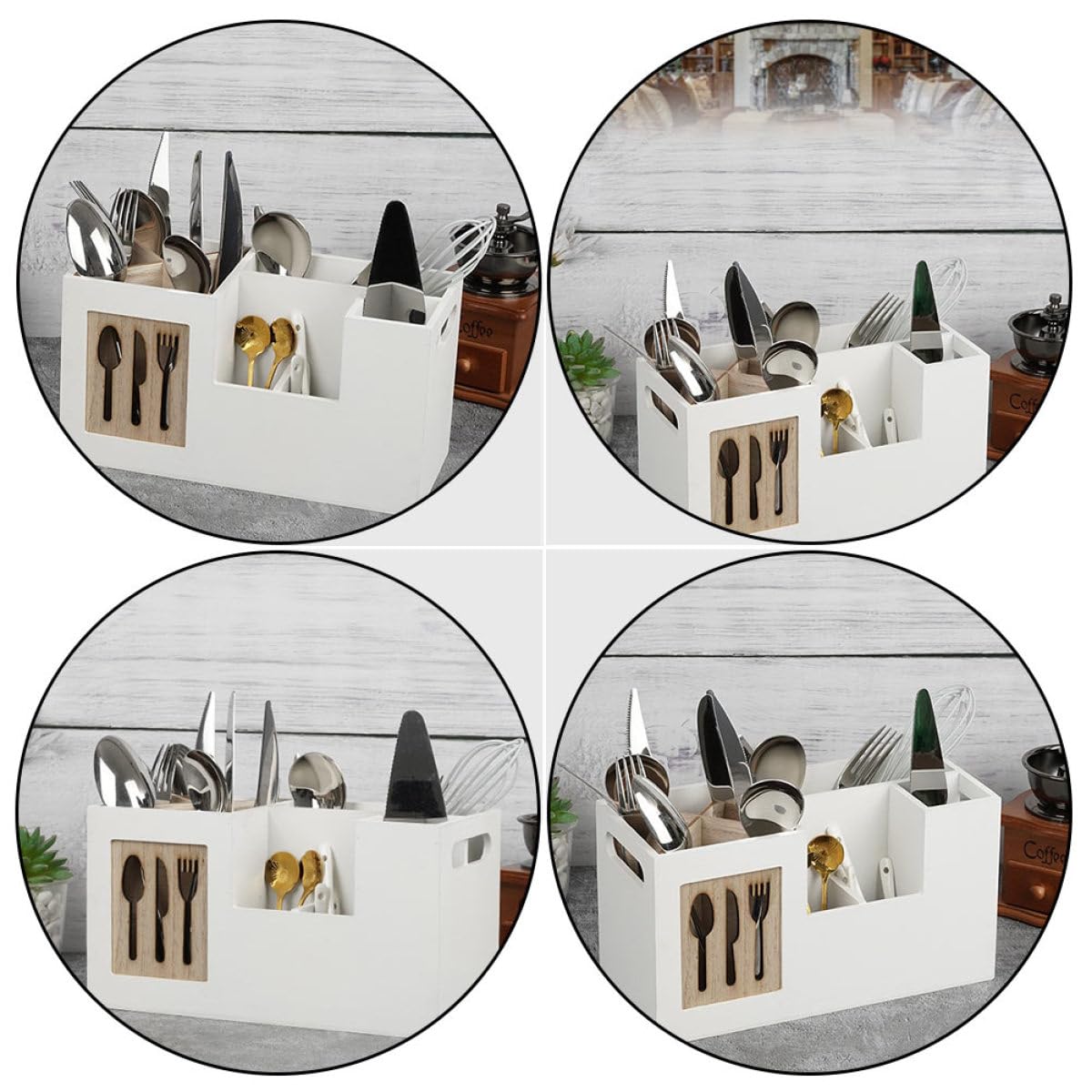 jojofuny Organisateur Cuisine Résistante aux Rayures en Bois Blanc Boîte de Rangement pour Ustensiles Cuisine pour Plan de Travail à Domicile