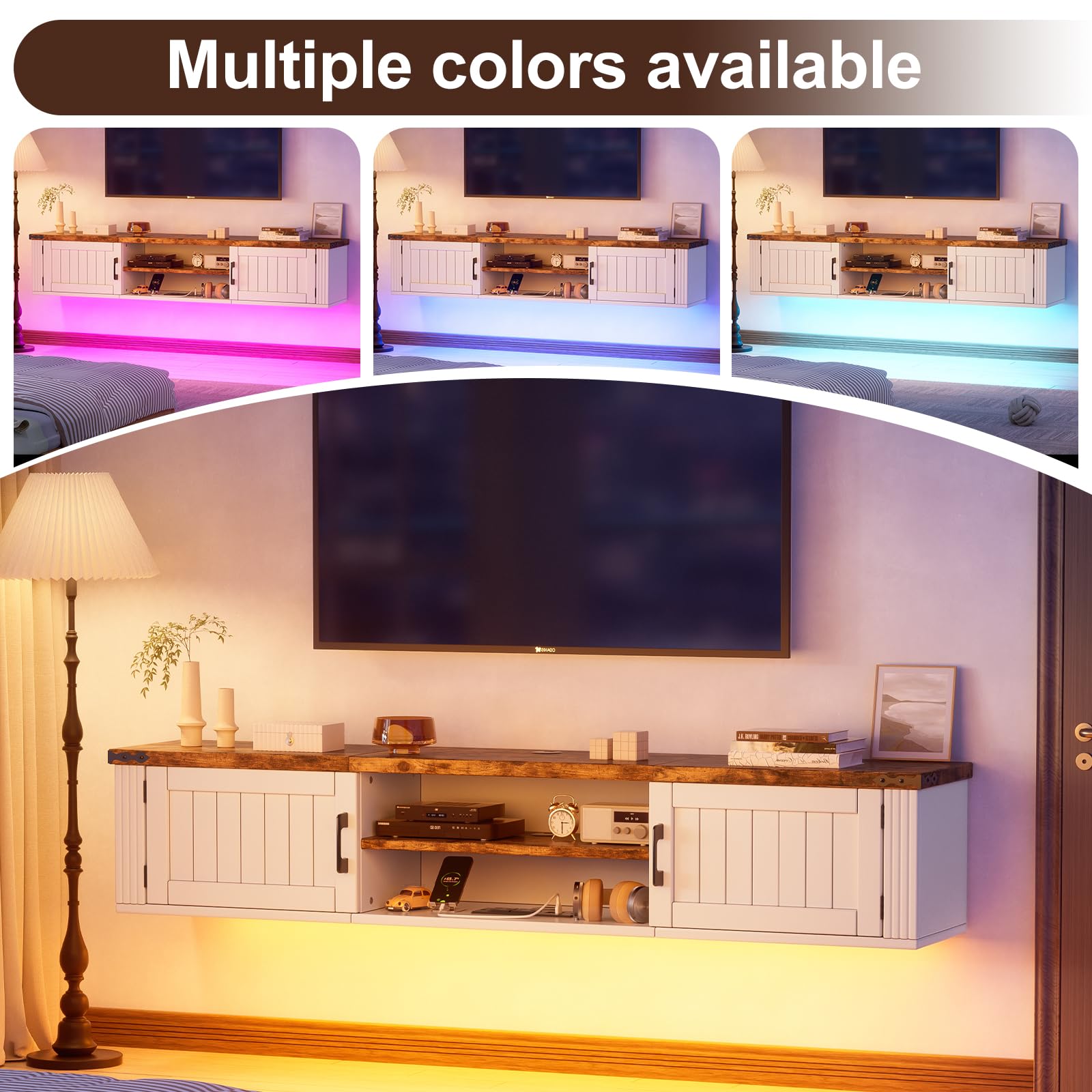 Mobile Porta TV Sospeso con Striscia di Alimentazione e Luci LED, Mobiletto TV a Muro Stile Rustico Farmhouse, Console Multimediale Fluttuante con Ante per Soggiorno, Bianco e Legno