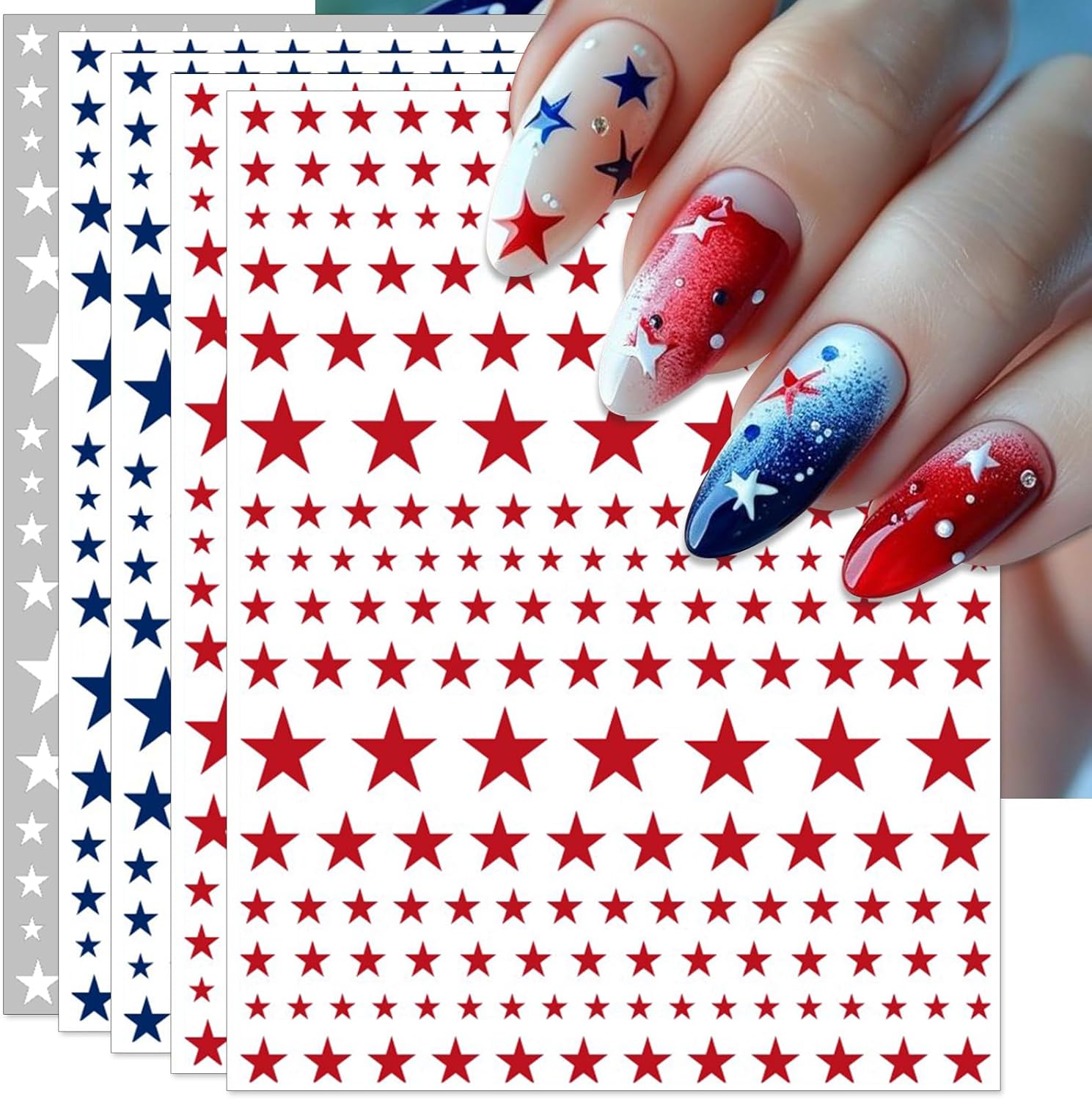 IDDFEVE 4th of July Nail Stickers, Red Blue White Star for Independence Day Patriotic Nail Decals, 3D Design Self-Adhesive USA Flag Star Nail Art (6 Sheets)