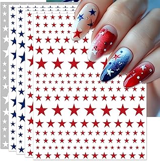 4th of July Nail Stickers, Red Blue White Star for Independence Day Patriotic Nail Decals, 3D Design Self-Adhesive USA Flag Star Nail Art (6 Sheets)