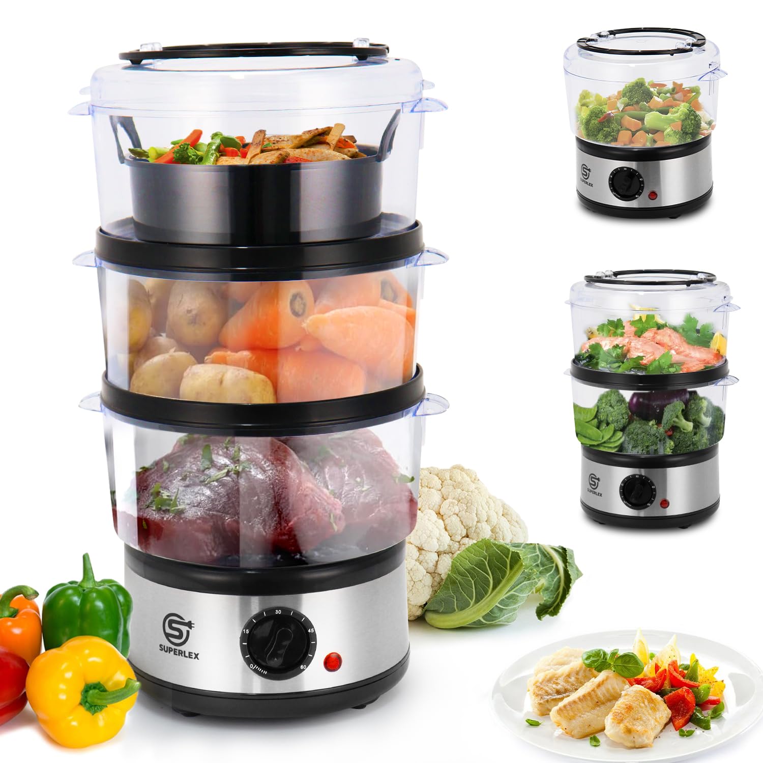 Elektrische Dampfgarer 7,5L mit 3 Behältern, 60 Min Timer, BPA-frei, spülmaschinengeeignet
