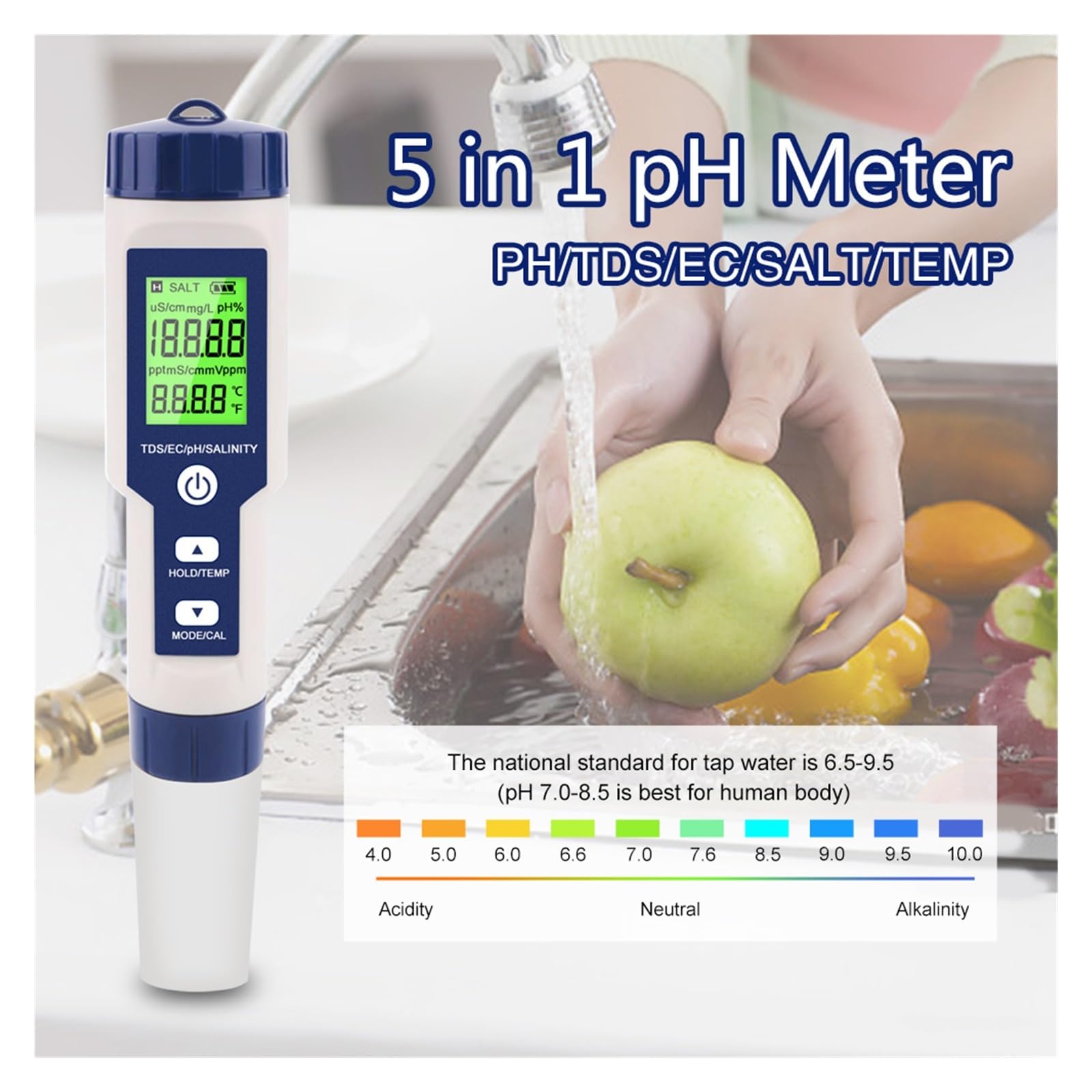 5 w 1 Tester jakości wody cyfrowy LCD PH/TDS/EC/SALT/miernik temperatury EZ 9909 monitora do basenów akwariów z wodą pitną,Precyzyjny tester
