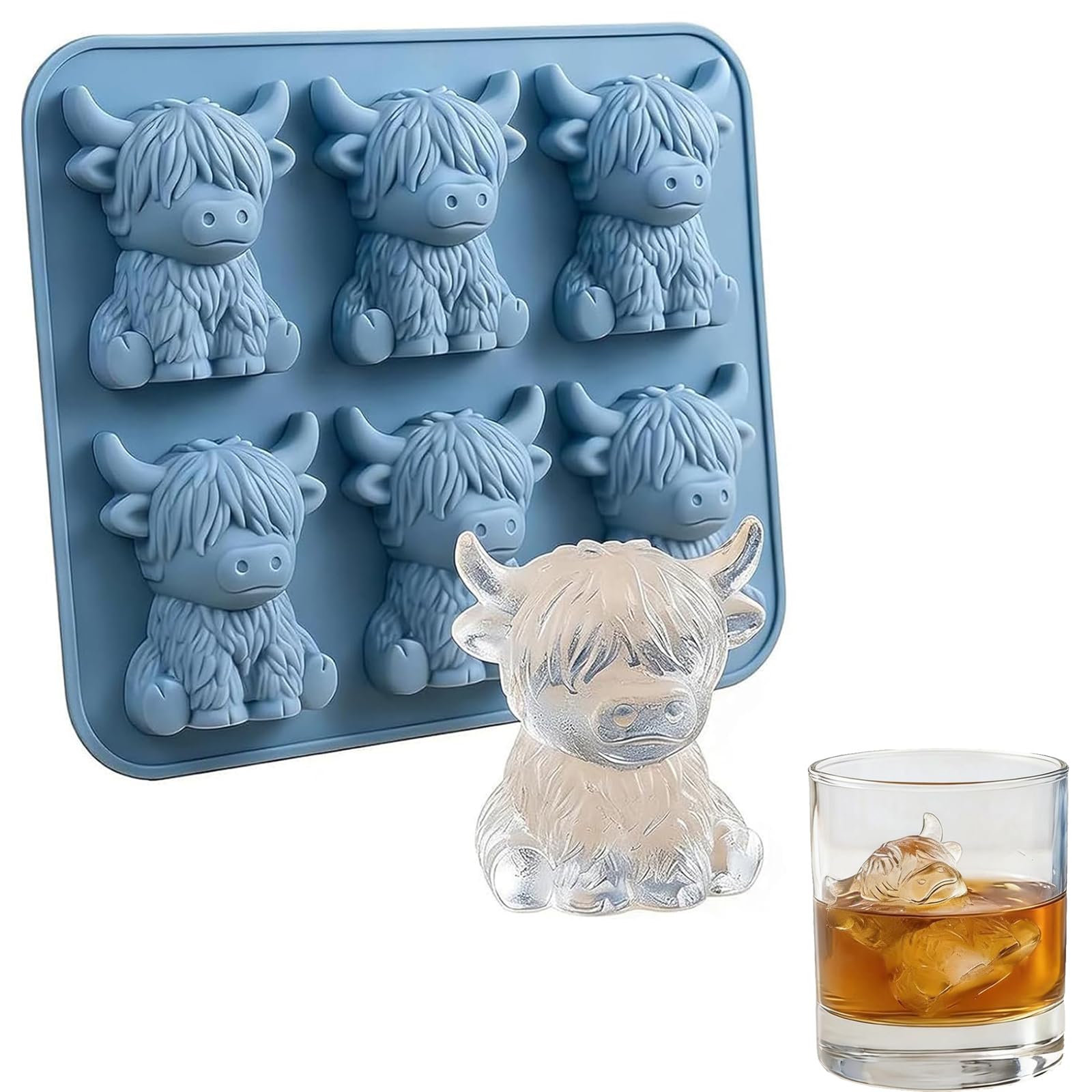 Mini Highland Cow Ice Cube Mold, Highland Cow Ice Cube Tray, 3D Cute Cattle Silicone Ice Cube Tray for Whiskey Cocktails Coffee, Reusable Silicone Animal Molds for Chocolate, Candy, Jelly, Homemade