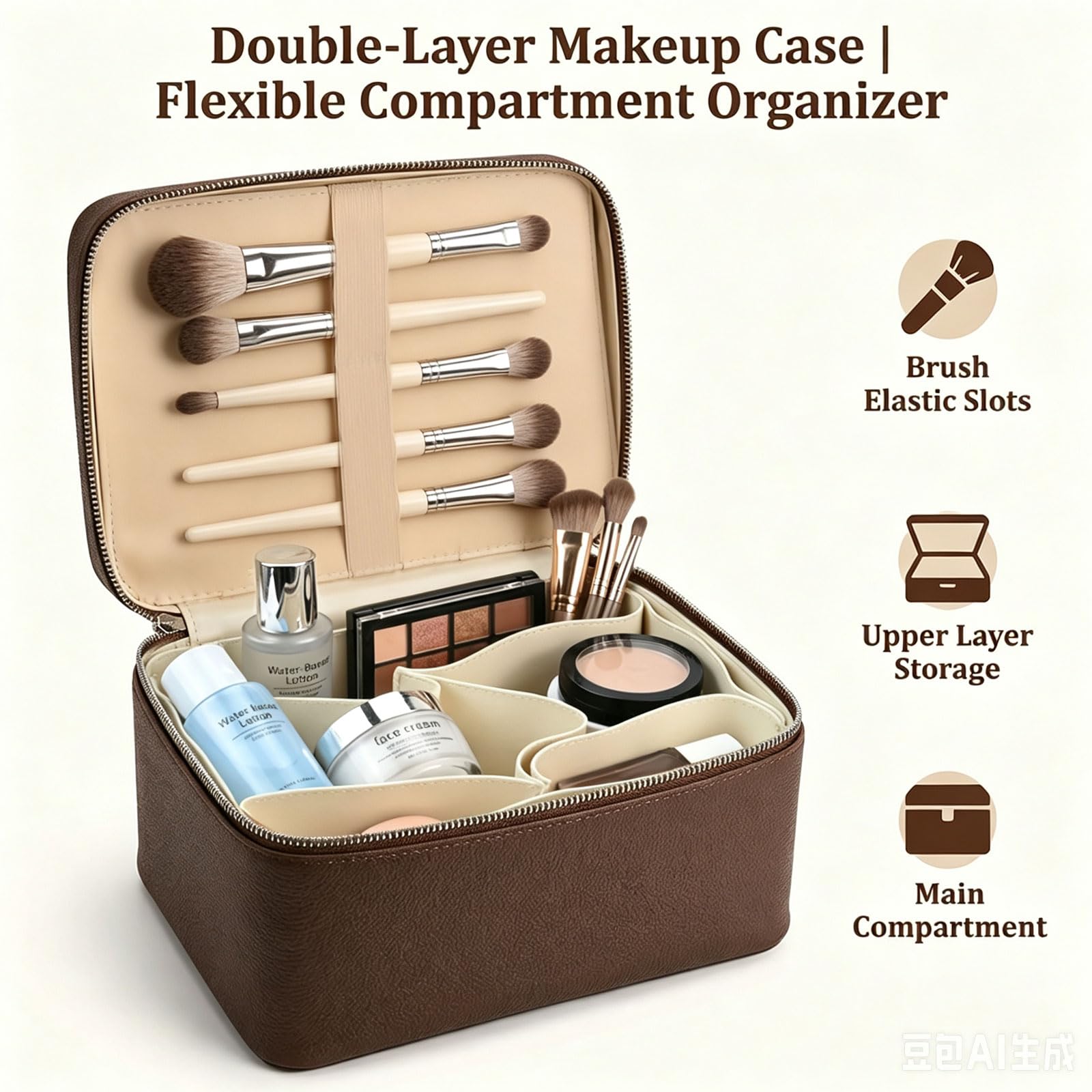 Trousse de maquillage double couche pour femme, grande trousse de maquillage en cuir synthétique avec séparateurs amovibles, organiseur portable étanche pour maquillage, pinceaux, trousse de toilette