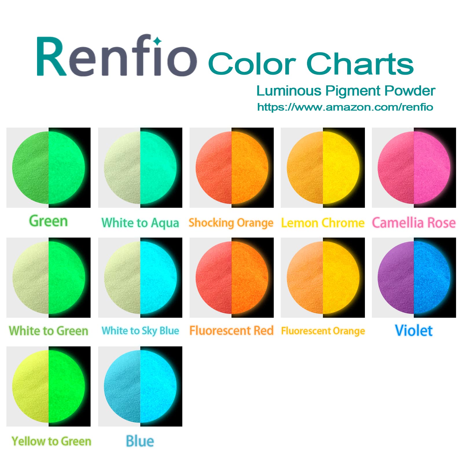 Renfio Set di 12 polveri fosforescenti che si illuminano al buio, polveri di pigmenti luminosi in resina da 9,86 once 276 g Polvere di mica luminosa Coloranti per vernice fosforescente per forniture d