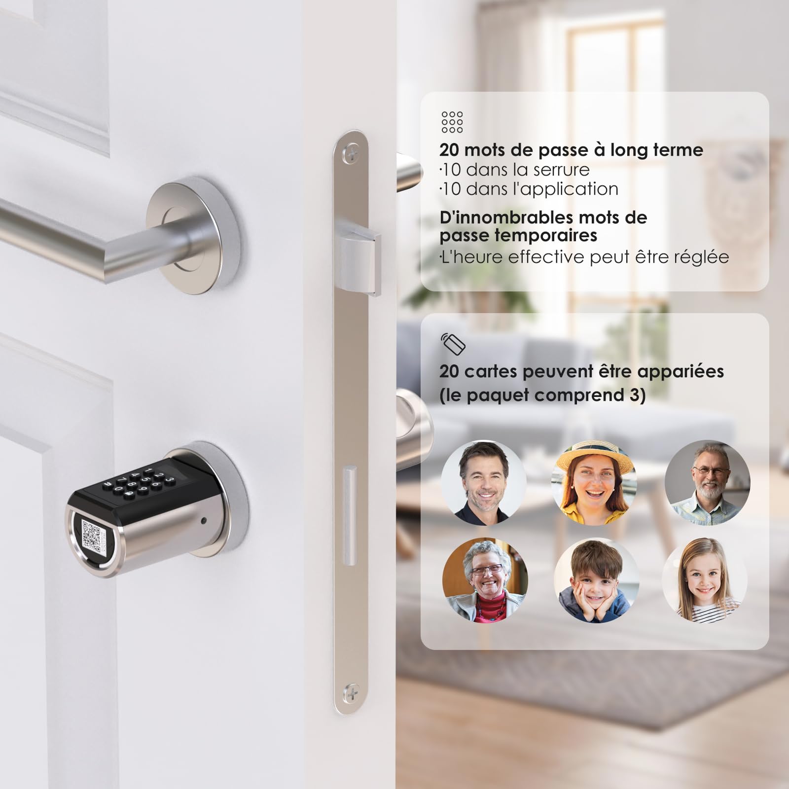 RUILON Serrure connectee porte entree PCB41 - IP65 Cylinder à code 40x30 | Serrure electronique avec 3 Cartes RFID, Installation facile, APP Commande, portes 50-100 mm, Code temporaire personnalisable