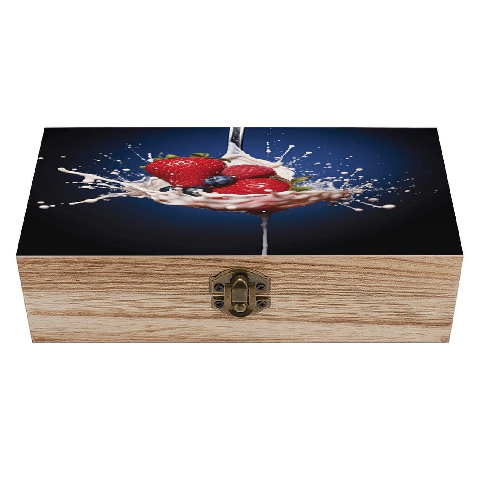 JTREHY Fruit in Spoon Wooden Keepsake Box Vintage-Style Wood Keepsake Case with Hinged Lid Solid Wood Boxes Beautifully Memory Treasure Case Vintage-Style Wooden Storage Box