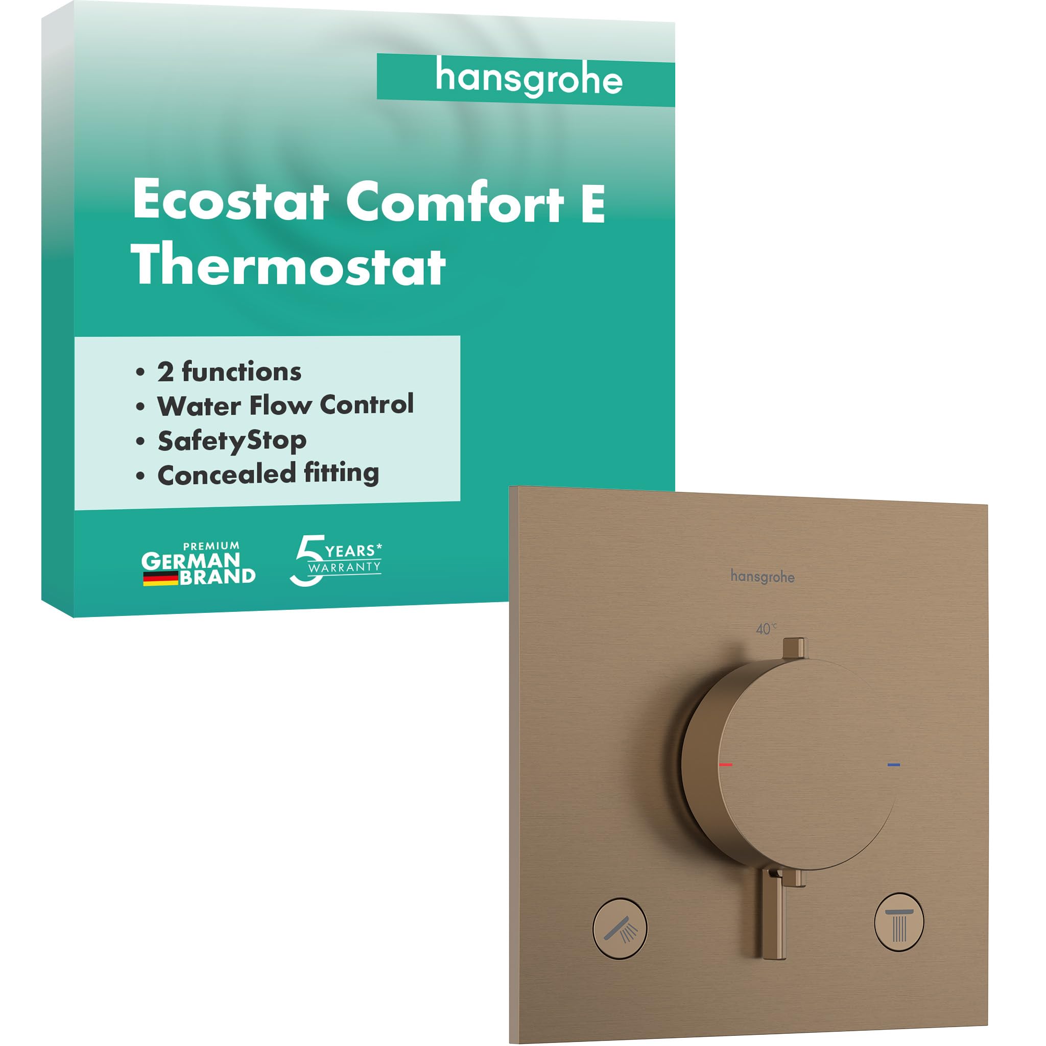 hansgrohe Ecostat Comfort E - termostat prysznicowy podtynkowy, armatura prysznicowa z blokadą bezpieczeństwa (SafetyStop) w temperaturze 40°C, termostat do prysznica, bateria mieszająca dla 2