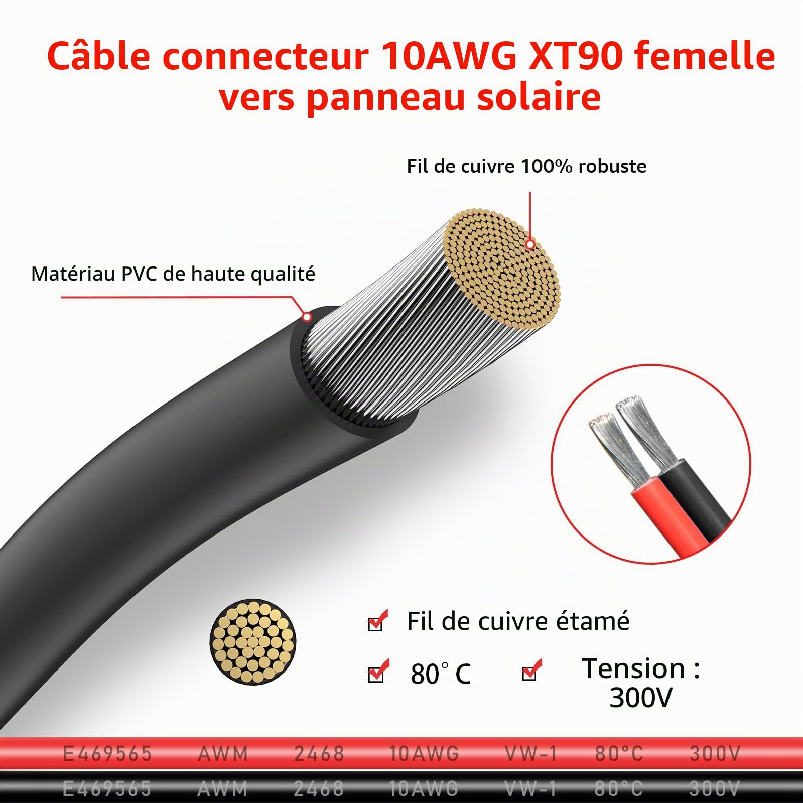 ELFCULB Câble Solaire XT90, 10AWG XT90 Femelle vers Panneau Solaire, Câble de Connecteur Pour Station d'alimentation Portable Panneau Solaire(1.8M)