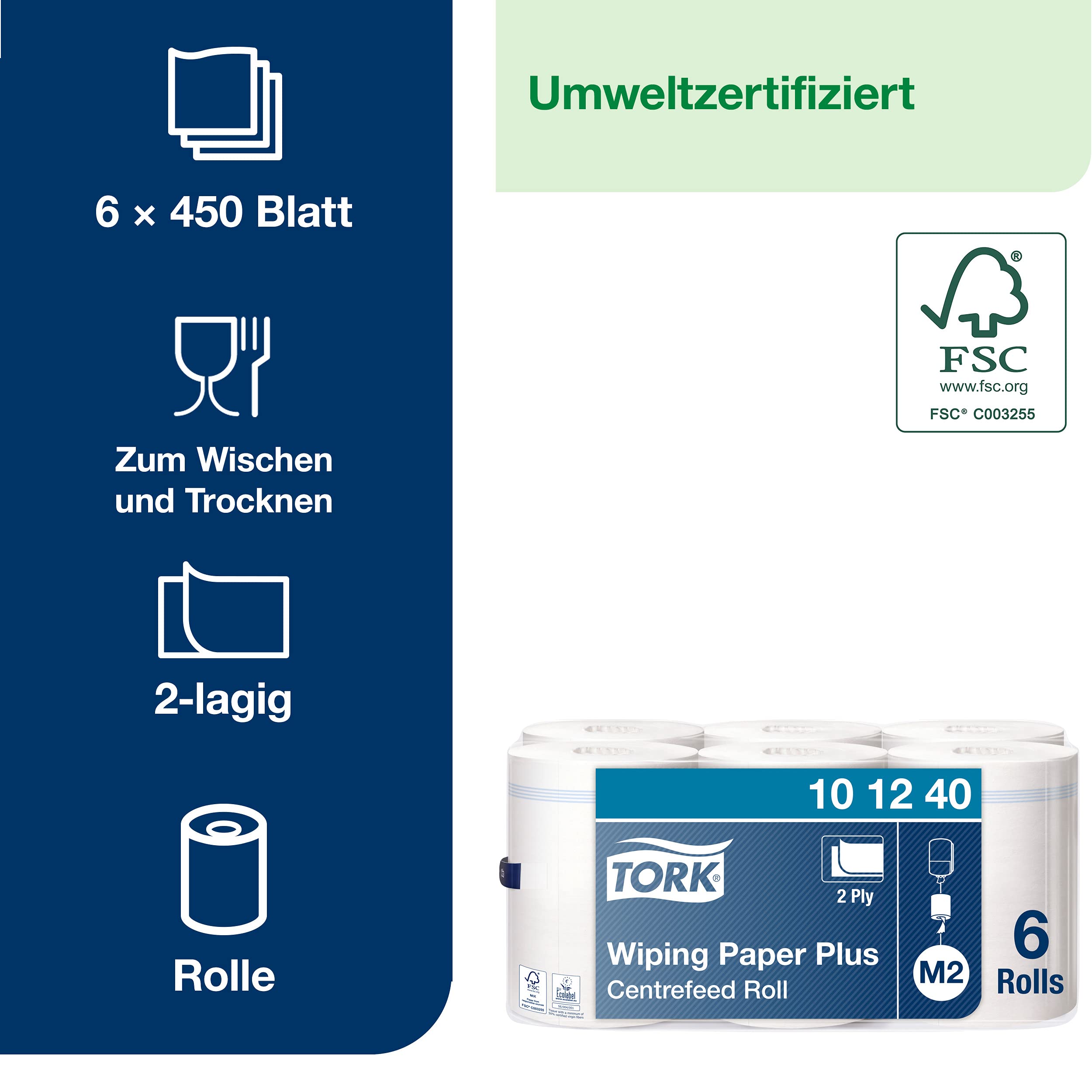 Tork 101240 Starke MehrzweckPapierwischtücher für das M2 Innenabrollung Spendersystem / 2-lagiges stabiles Papier in Weiß, 6 x 160 Meter