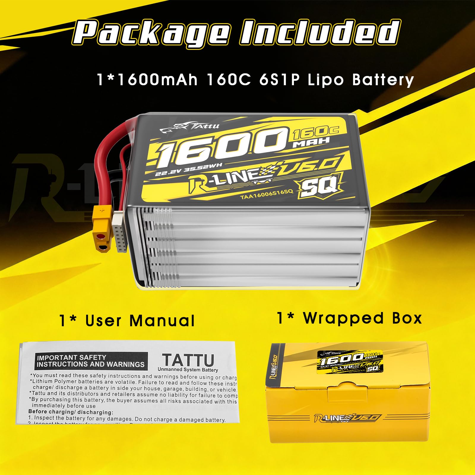 Tattu Akumulator LiPo 6S 1600 mAh R-Line V6 22,2 V 160C LiPo z wersją XT60 – SQ – akumulator o wysokiej wydajności do FPV Racing & Freestyle