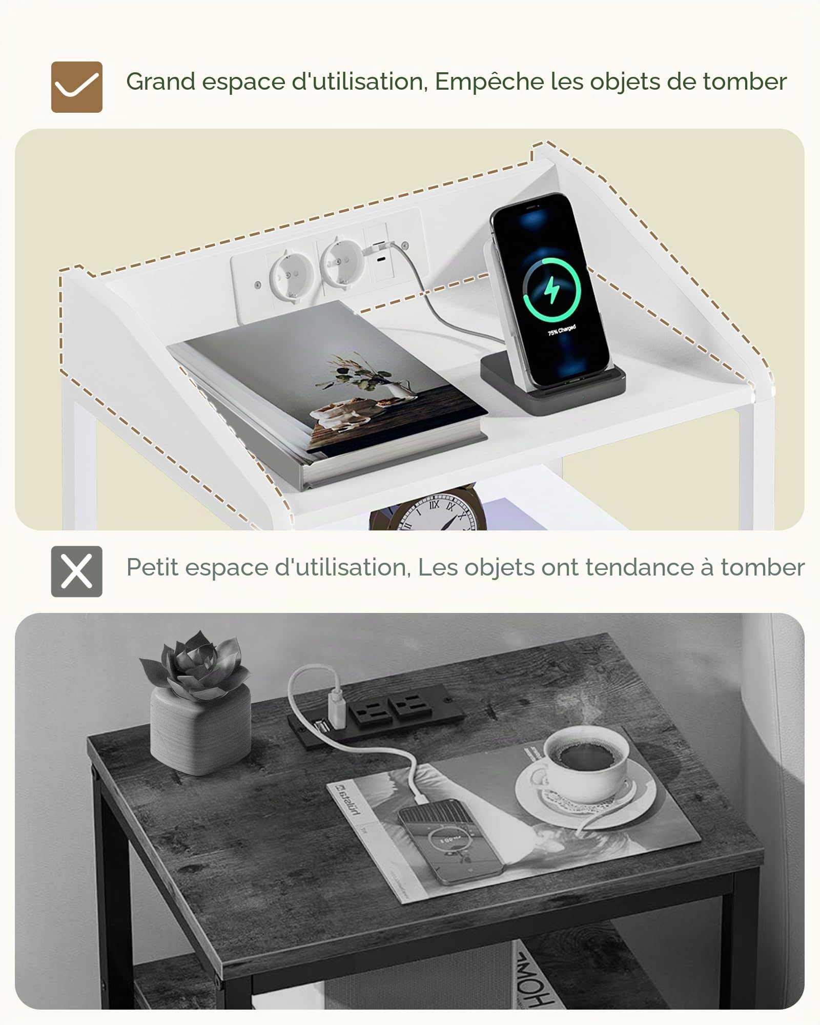 Hzuaneri Table de Chevet Lot de 2, avec Éclairage LED, Table de Nuit avec 2 Tiroirs de Rangement en Tissu, Tables d'appoint avec Ports USB et 2 Prises CA, pour Chambre, Blanc NS36213W