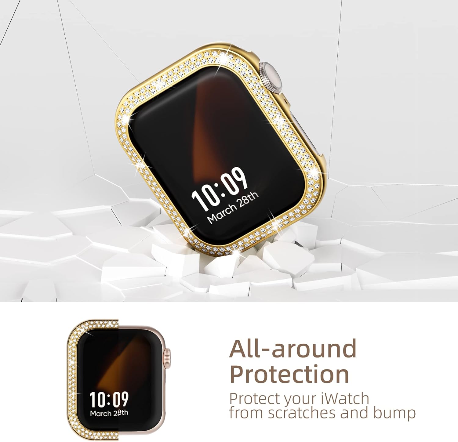 Missair Bling Case Compatible with Apple Watch Series 6 5 4 SE, Women Glitter Double Row Crystal Diamond Frame Stainless Steel Metal Protective Cover Bumper for iWatch 44mm, Gold - Image 5