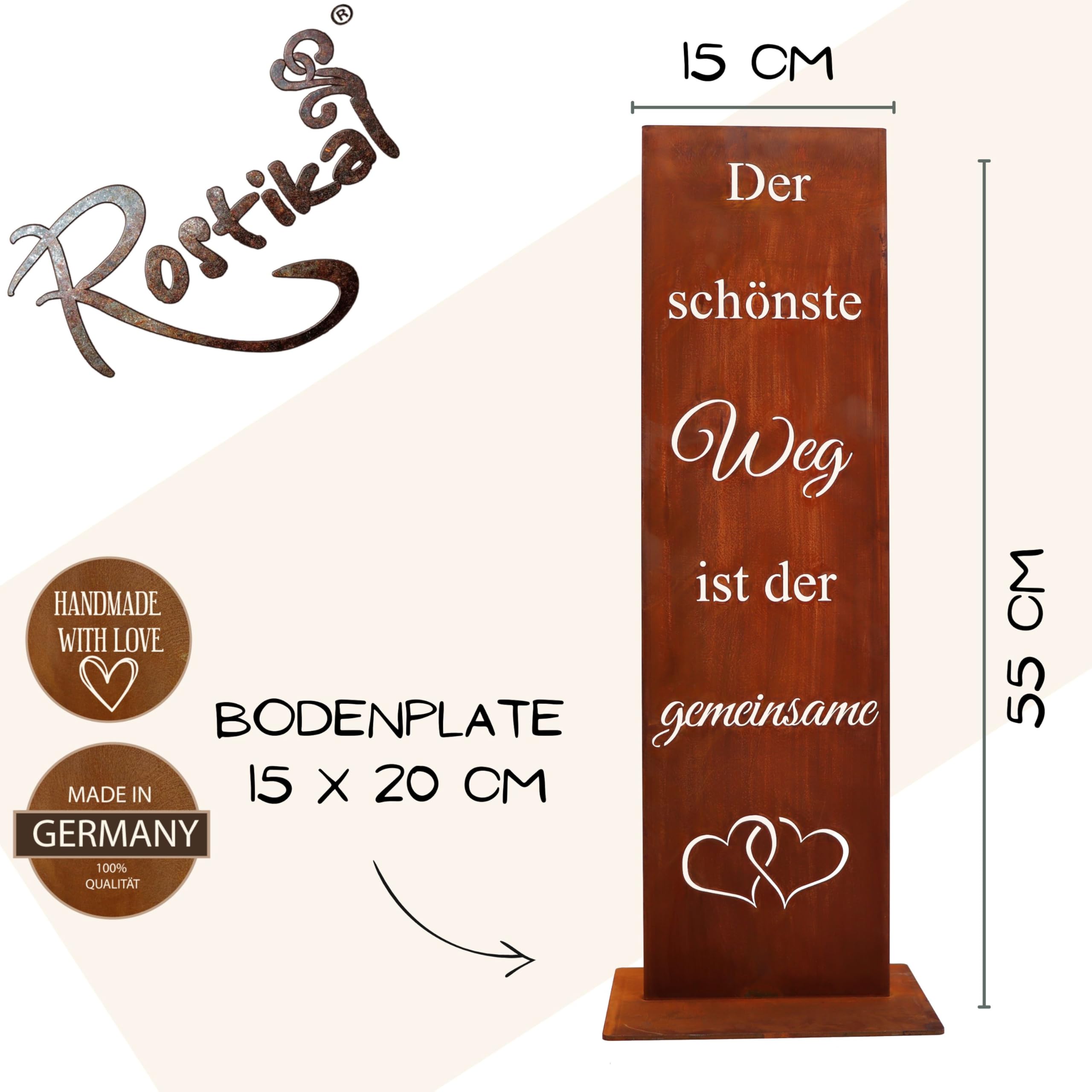 Rostikal Deko Gartenschild 55 cm – Wetterfestes Vintage Spruchschild für Hochzeit, Garten und Terrasse – Romantische Rost Deko und Geschenkidee - Handmade