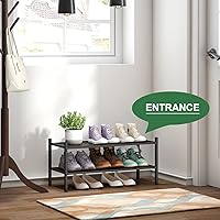 Vista 4 de Zapatero de bambú negro de 2 niveles, zapatero apilable de madera de bambú para armario, entrada y pasillo