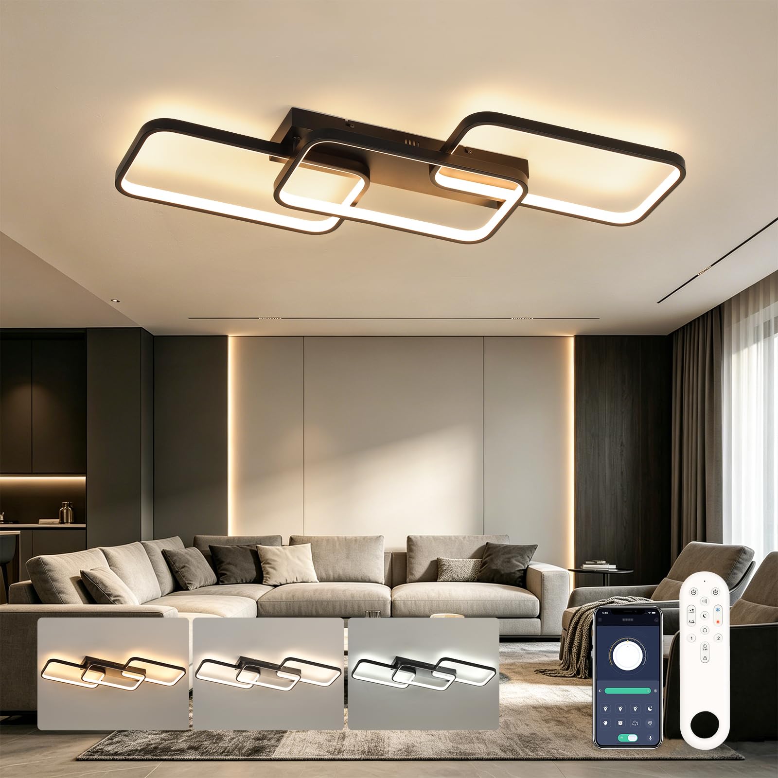 OTREN Plafoniera LED Soffitto Dimmerabile 60W 82 cm con Telecomando | Lampadario Moderno 3000-6500K con Memoria, Luce Notturna e Timer per Soggiorno, Camera da Letto, Cucina