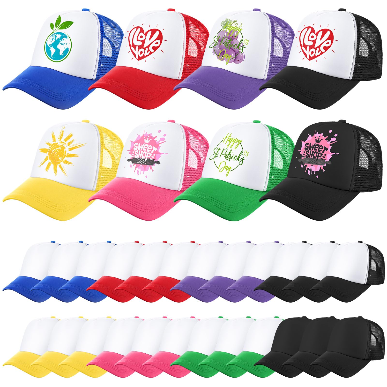 Photo 1 of 48 Pack Sublimation Blank Baseball Cap Bulk Polyester Adjustable Plain Mesh Trucker Hat for Women Men Kids Large Mixed Colors
