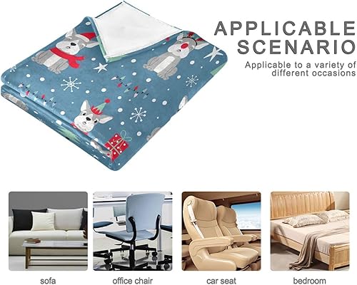 Miniatura 4 de KLL Manta de felpa con diseño navideño sin costuras con divertido bulldog francés sobre fondo azul, manta de microfibra ligera para automóvil, cama,