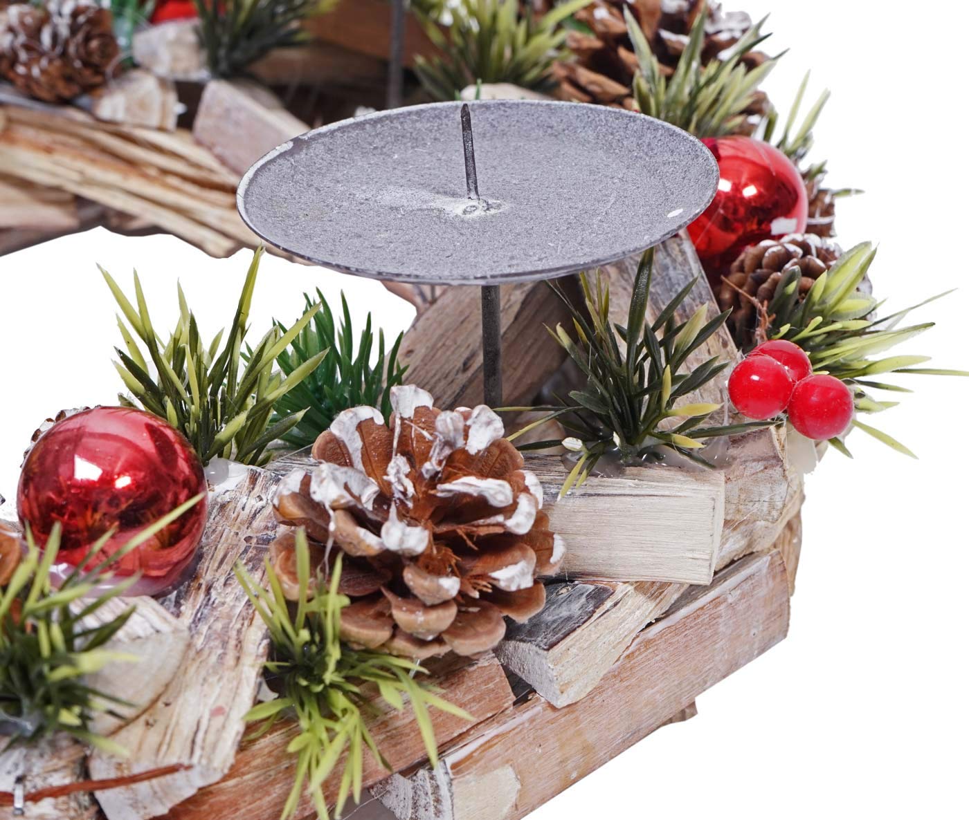Mendler Corona de Adviento HWC-H50AM de madera, redonda, diámetro de 33 cm, incluye 4 velas rojas