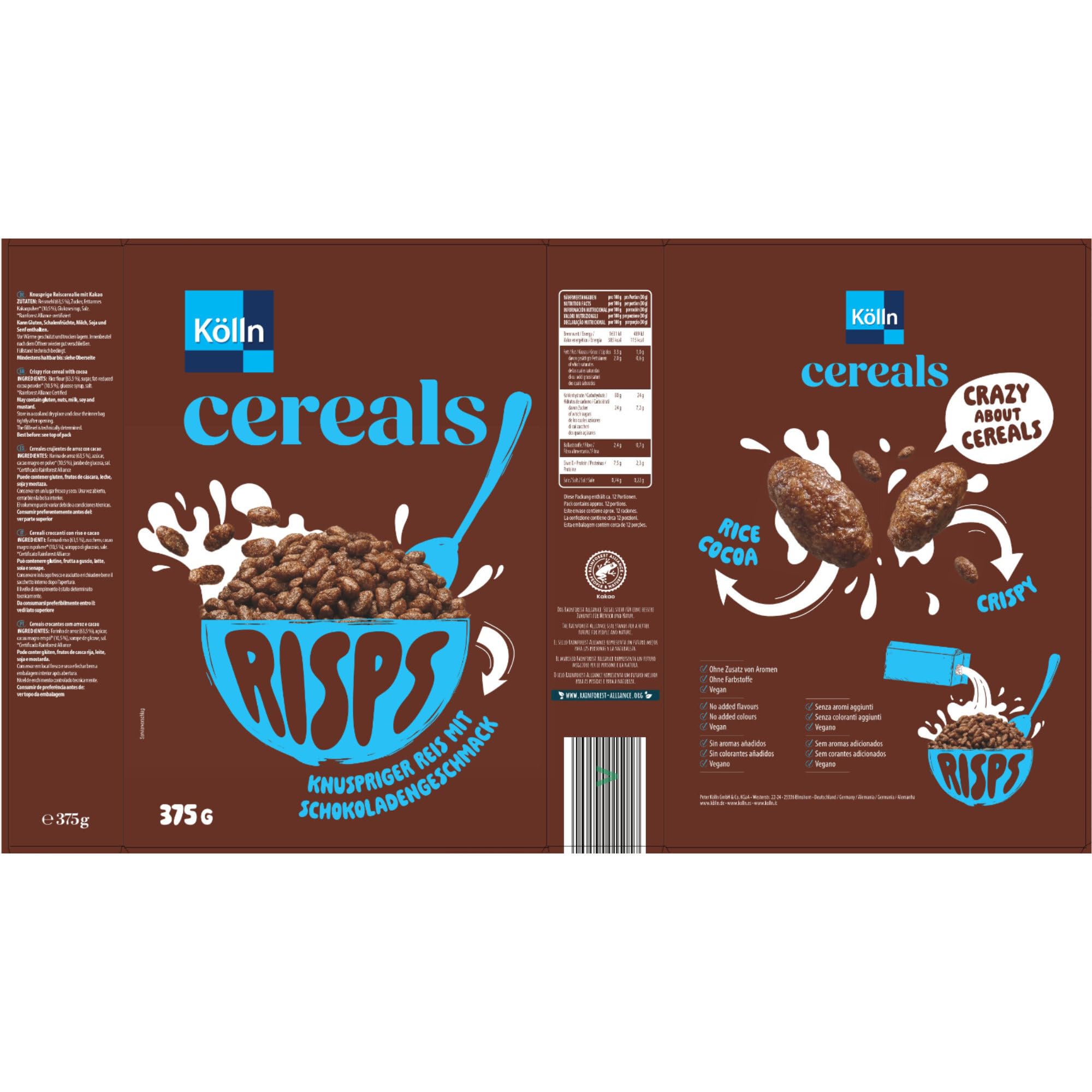 Kölln Cereals Risps Schoko 6er Pack (6x375g Packung) + usy Block