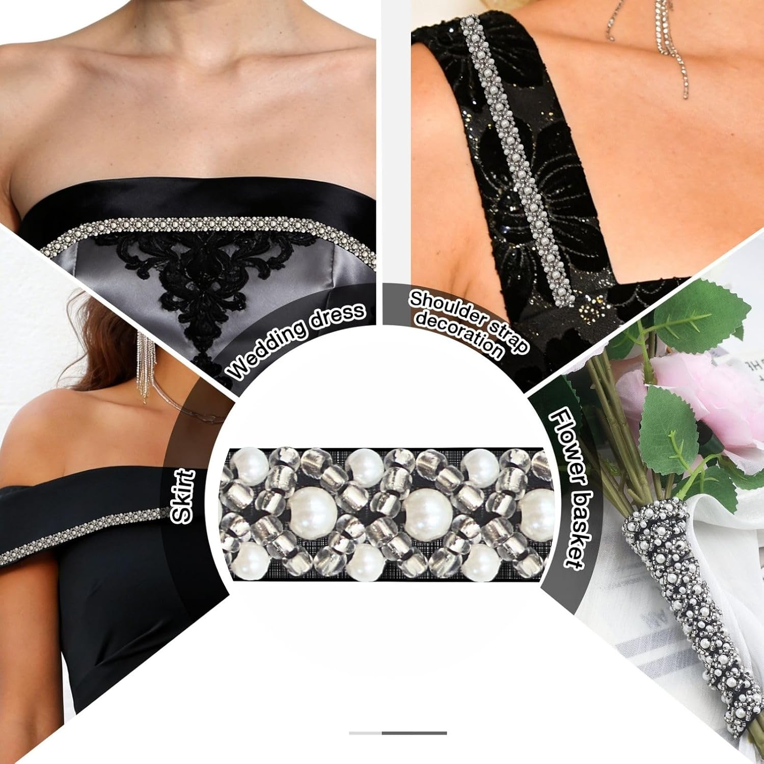 Bijou Joon 5 Yards White Black Pearl Trim Beaded Trim Beaded Lace Ribbon Edge Border Fabric Bridal DIY for Craft Wedding Dress Embellishments Women Vake Decoration