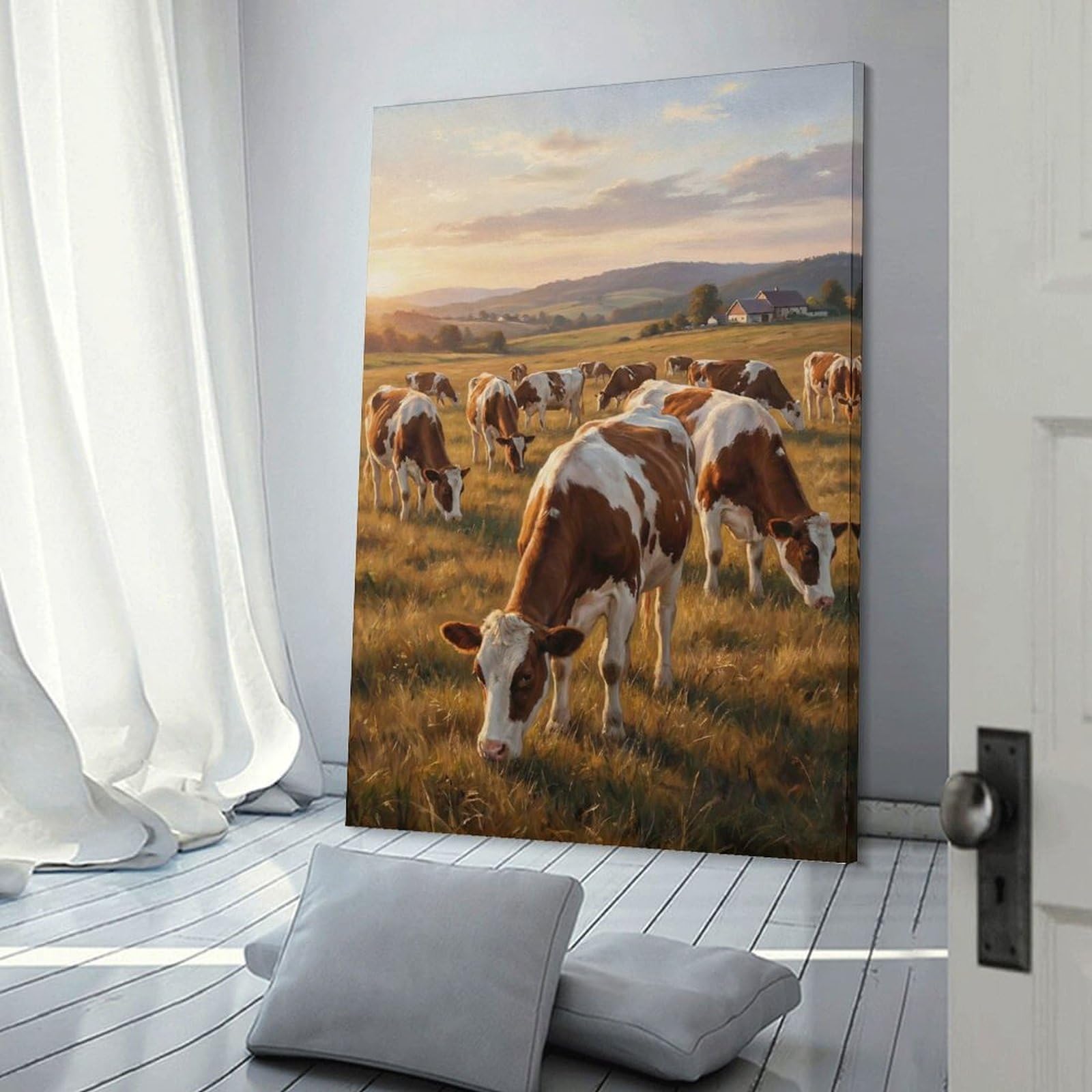 Junmoney Cows Grazing in A Sunny Field Wall Picture Print, 20x30inch(50x75cm), for Flats, Guest Rooms Or Compact Rooms, Decorative Canvas Decor for Home Updates