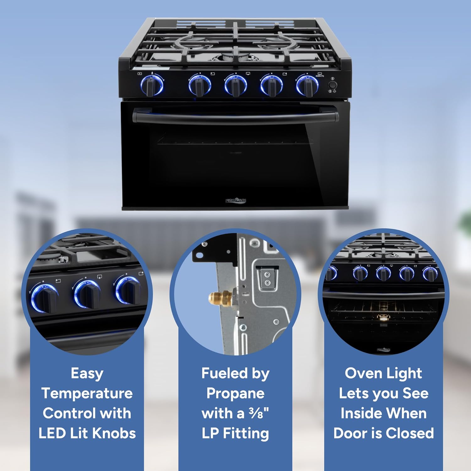 RecPro RV High Pointe Stove Black Finish | Gas Range 17" Tall | 6800 and 8300 BTU Three Burner | 7100 BTU Oven with 1.2 Cu. Ft Capacity | Fueled by Propane